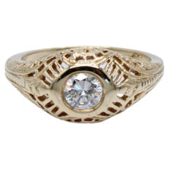Vintage 14k Gold .25 Carat Gypsy Set Transitional Diamond Ring with Filigree