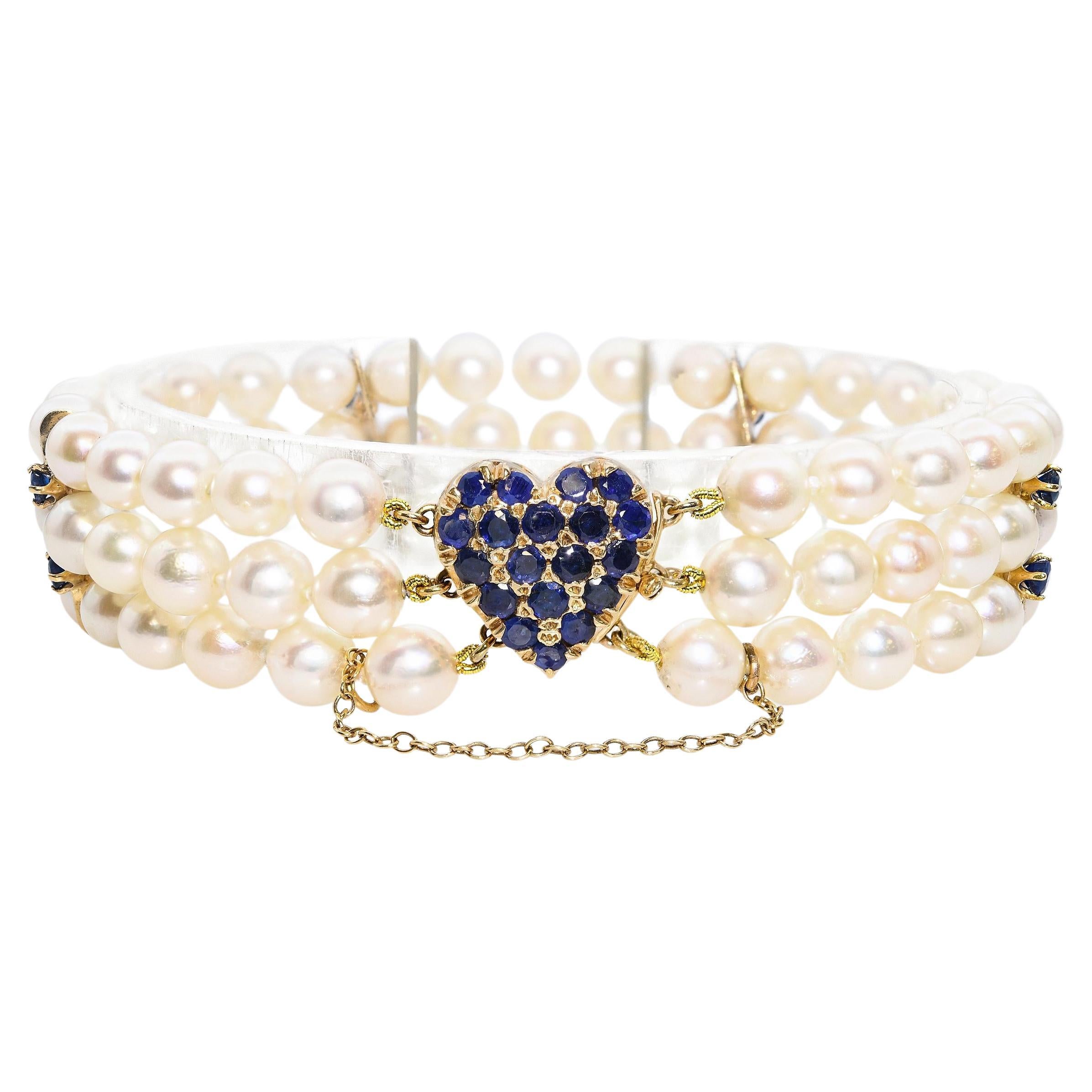 Vintage 14k Gold 2,5tcw Saphir und Perle Herz Verschluss Triple Strand Armband