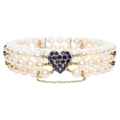 Vintage 14k Gold 2.5tcw Sapphire and Pearl Heart Clasp Triple Strand Bracelet
