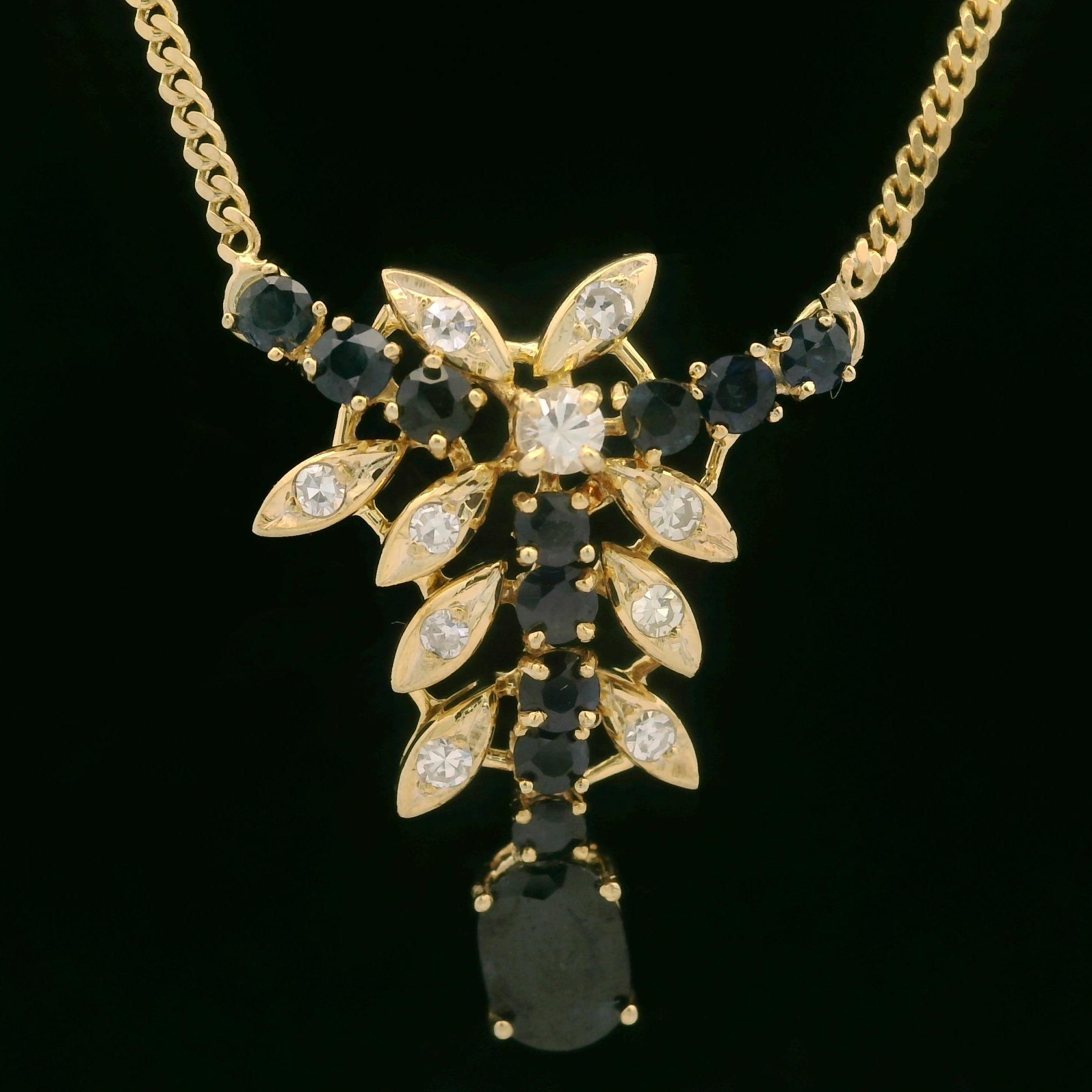 Women's Vintage 14k Gold 2.75ct Sapphire Diamond Floral Pendant 22.5