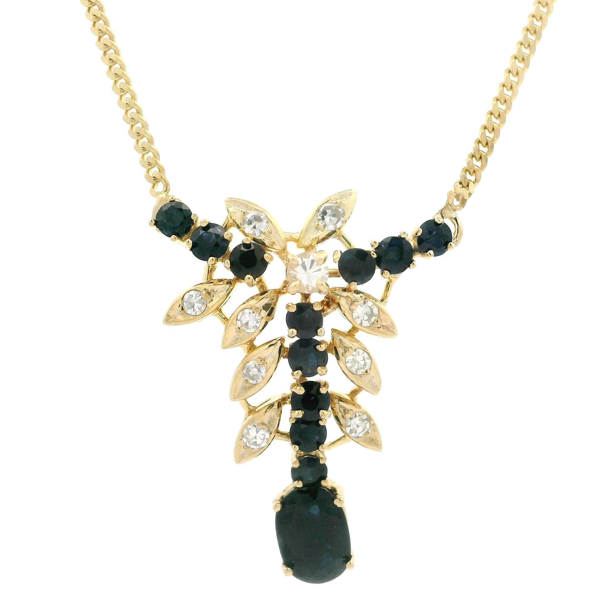 Vintage 14k Gold 2.75ct Sapphire Diamond Floral Pendant 22.5