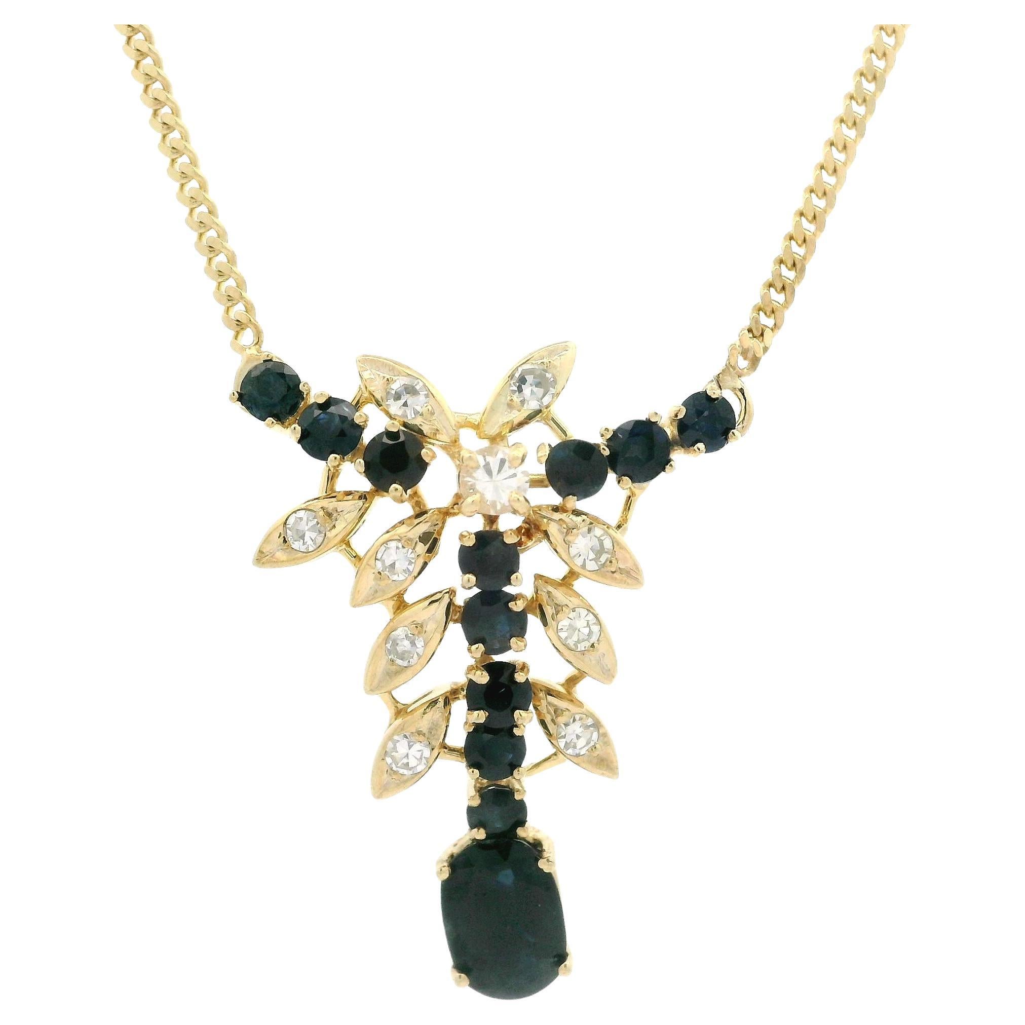 Vintage 14k Gold 2.75ct Sapphire Diamond Floral Pendant 22.5" Curb Link Necklace