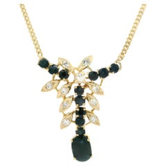 Vintage 14k Gold 2.75ct Sapphire Diamond Floral Pendant 22.5" Curb Link Necklace