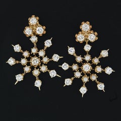 Vintage 14k Gold 2.75ctw Diamond & Pearl Earrings w/ Snowflake Dangle Enhancers