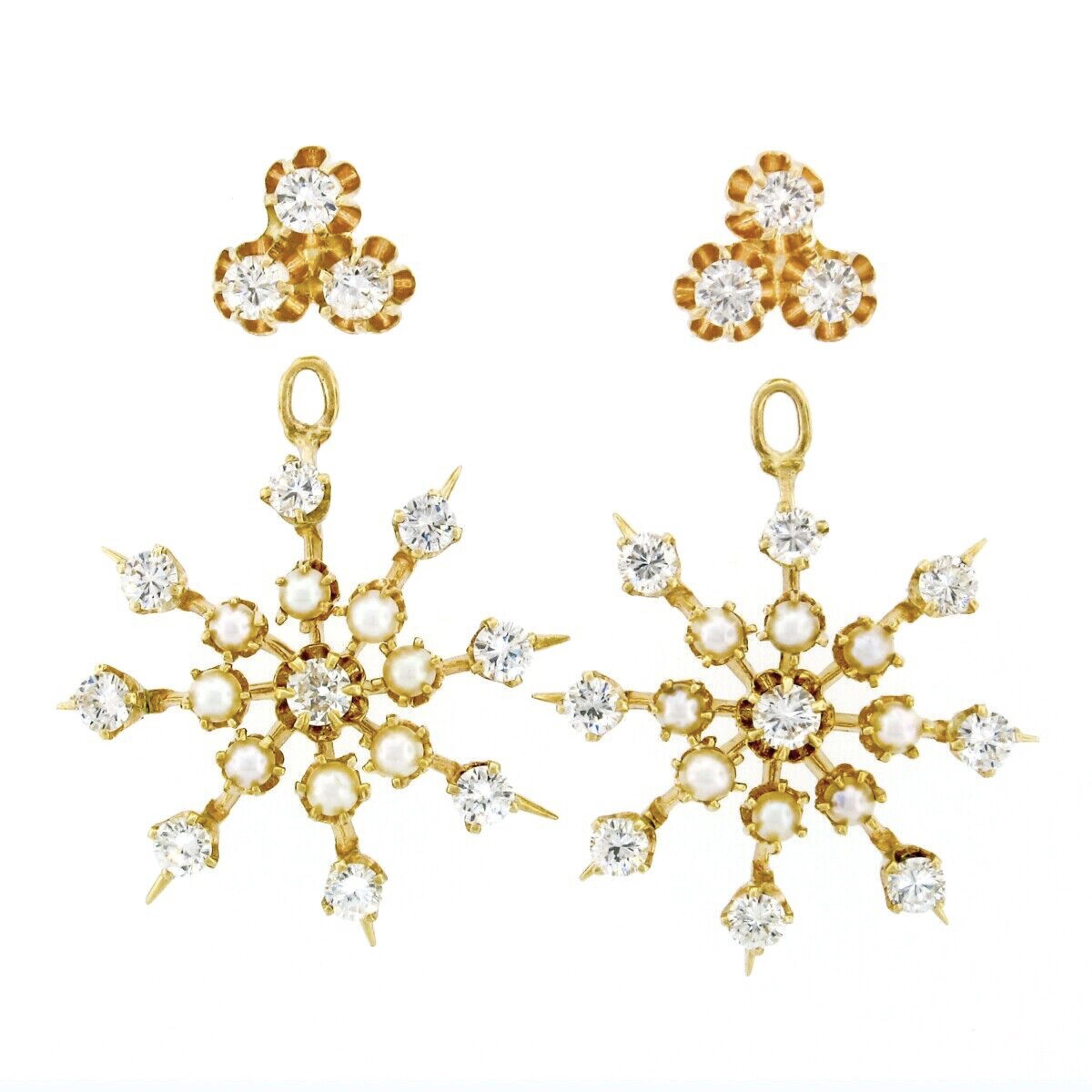 Taille ronde Boucles d'oreilles pendantes vintage en or 14 carats avec diamants de 2,75 carats et perles, ornées de flocons de neige en vente