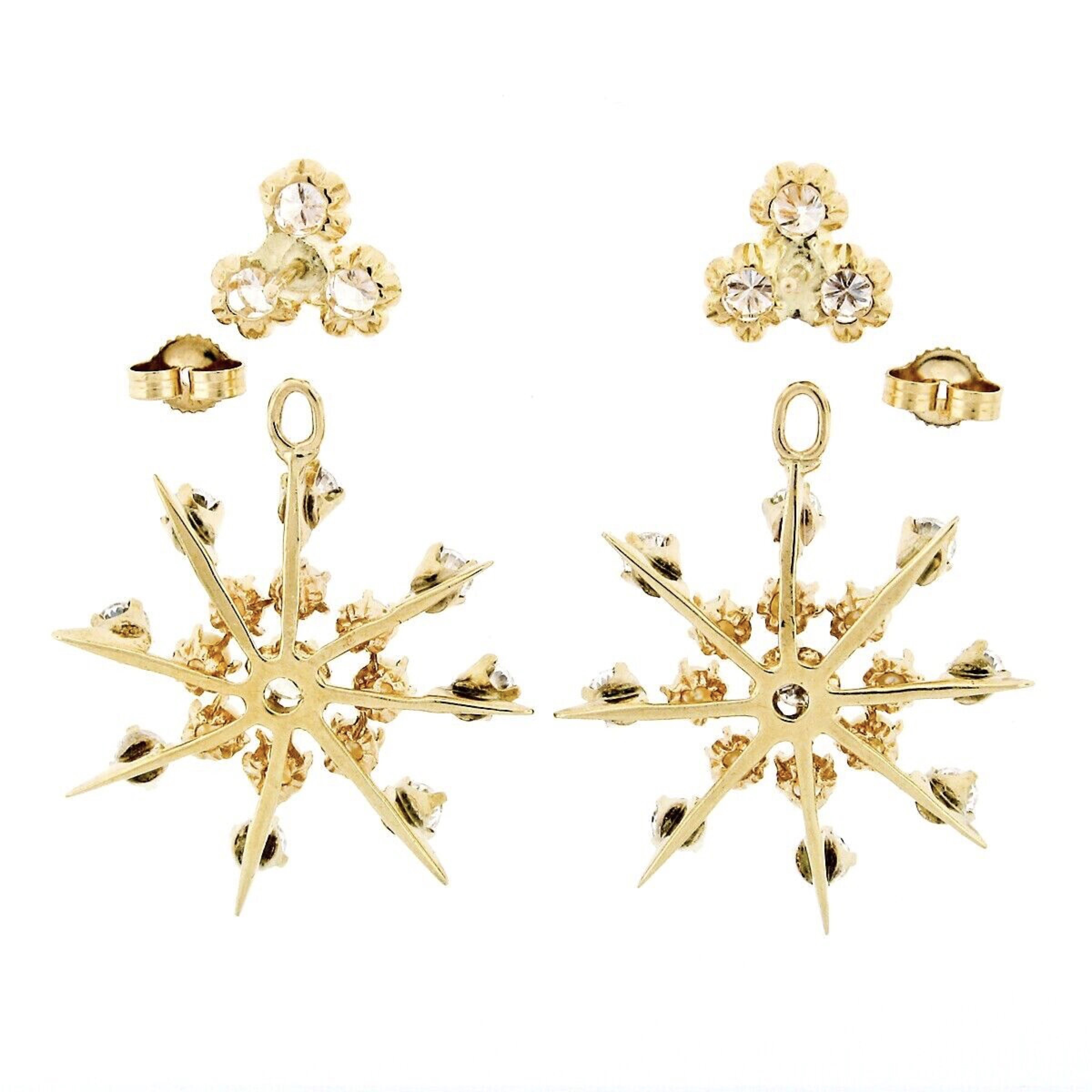 Round Cut Vintage 14k Gold 2.75ctw Diamond & Pearl Earrings w/ Snowflake Dangle Enhancers For Sale