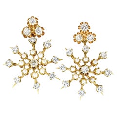 Boucles d'oreilles pendantes vintage en or 14 carats avec diamants de 2,75 carats et perles, ornées de flocons de neige