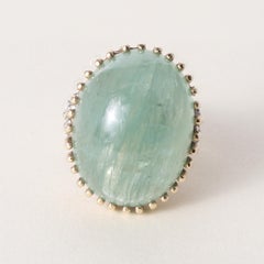 Vintage 14K Gold 35 Carat Emerald Cabochon and Diamond Dome Cocktail Ring