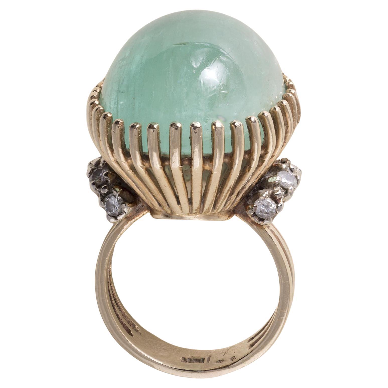 Vintage 14K Gold 35 Carat Emerald Cabochon and Diamond Dome Cocktail Ring For Sale