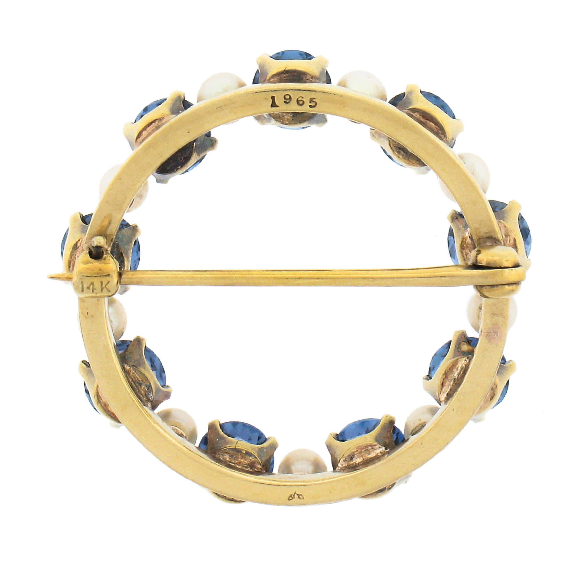 Art Nouveau Vintage 14k Gold 3.60ctw GIA No Heat MONTANA Sapphire & Pearl Wreath Pin Brooch