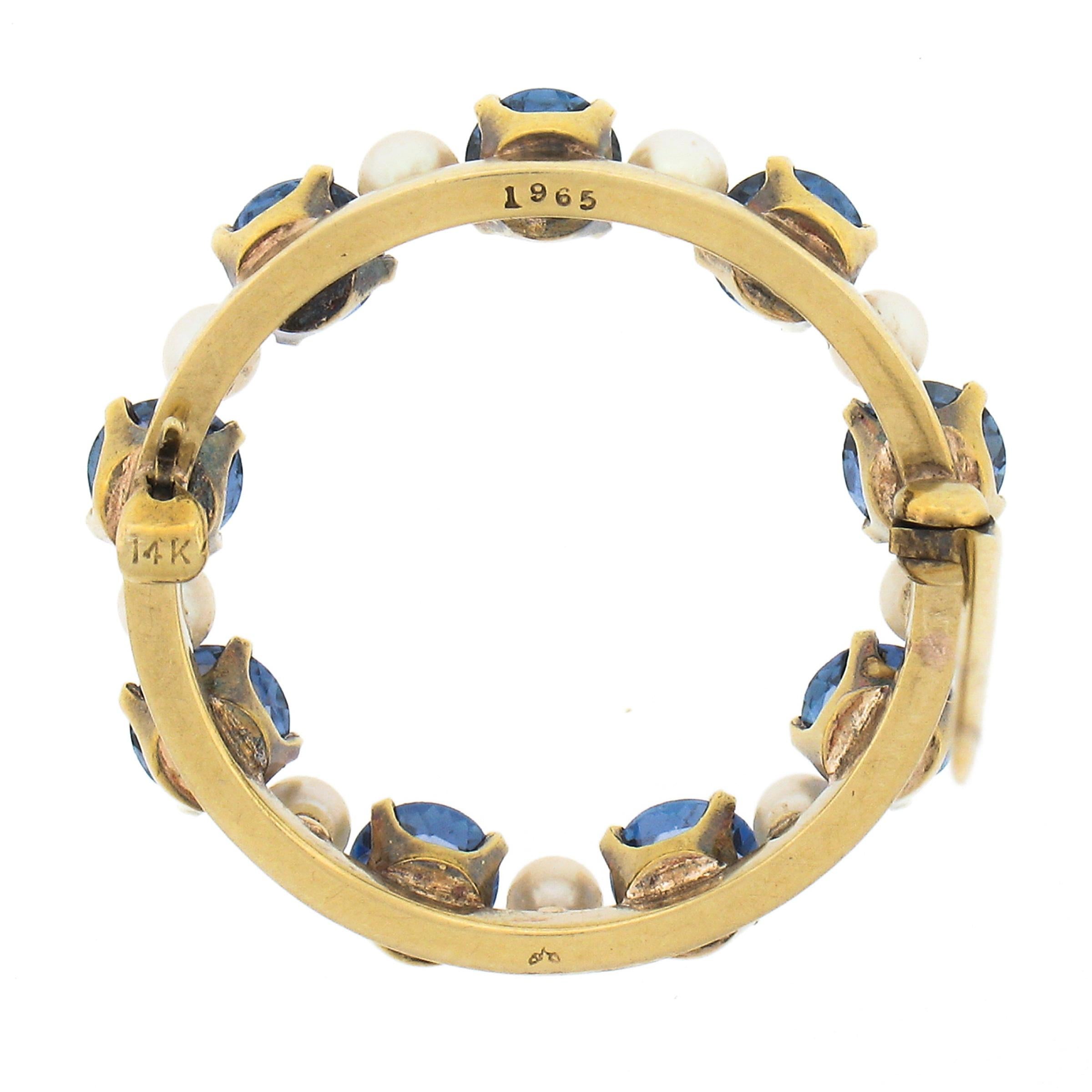 Round Cut Vintage 14k Gold 3.60ctw GIA No Heat MONTANA Sapphire & Pearl Wreath Pin Brooch