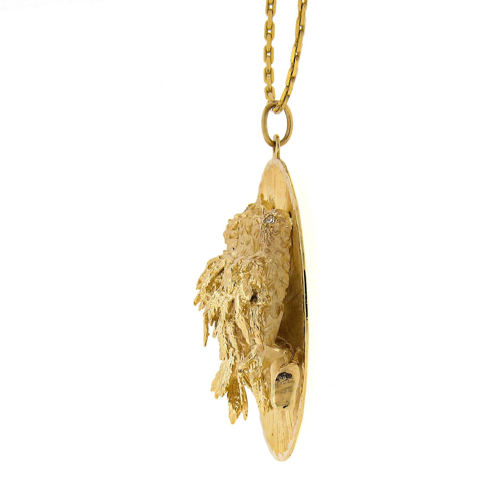 Women's Vintage 14k Gold 3D Large Textured 3 Birds Medallion Pendant Chain w/ Diamond For Sale