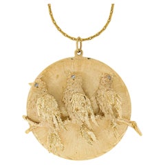 Vintage 14k Gold 3D Large Textured 3 Birds Medallion Pendant Chain w/ Diamond