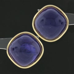 Vintage 14k Gold 40ctw Large Domed Cabochon Amethyst Bezel Set Button Earrings