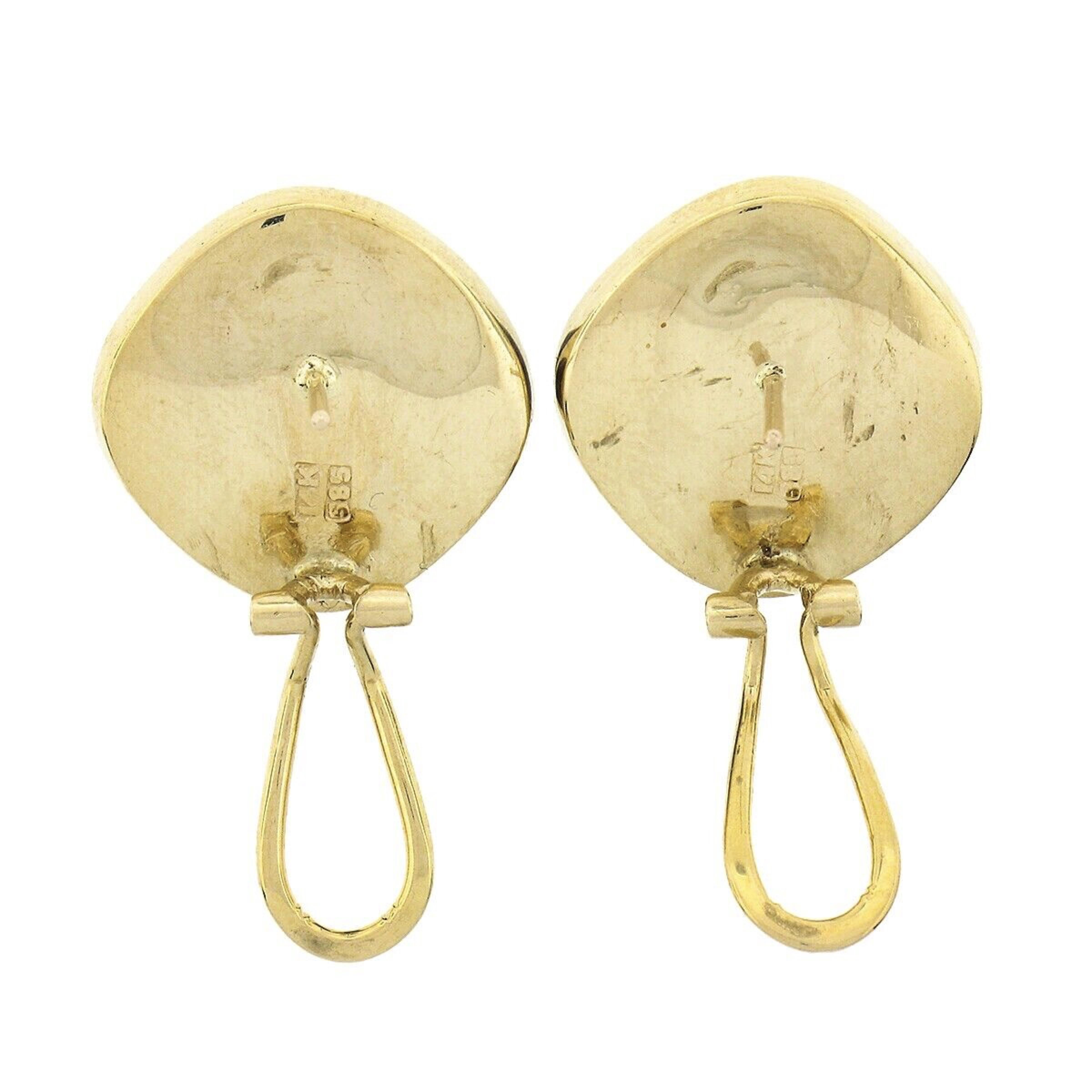 Square Cut Vintage 14k Gold 40ctw Large Domed Cabochon Amethyst Bezel Set Button Earrings For Sale