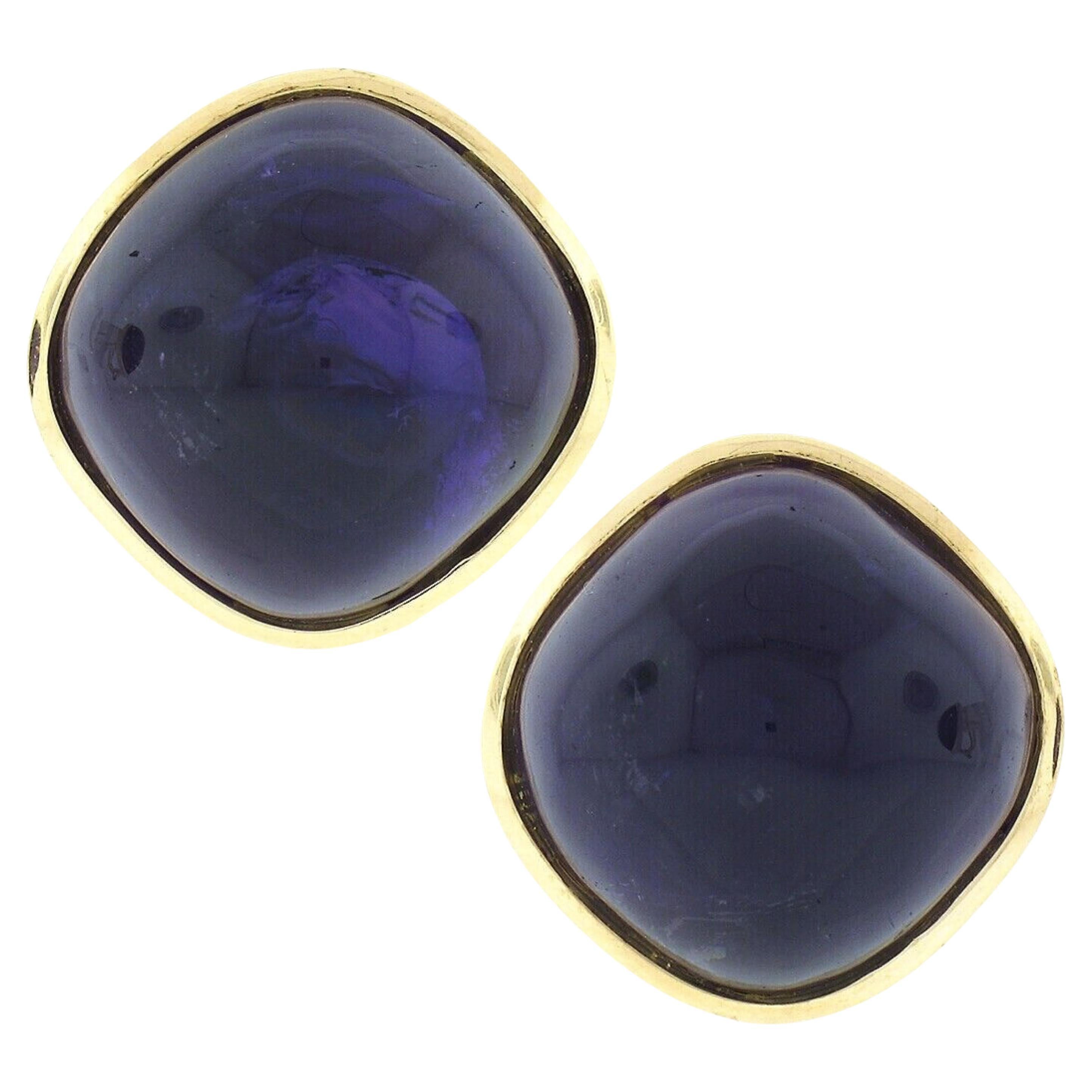 Vintage 14k Gold 40ctw Large Domed Cabochon Amethyst Bezel Set Button Earrings For Sale