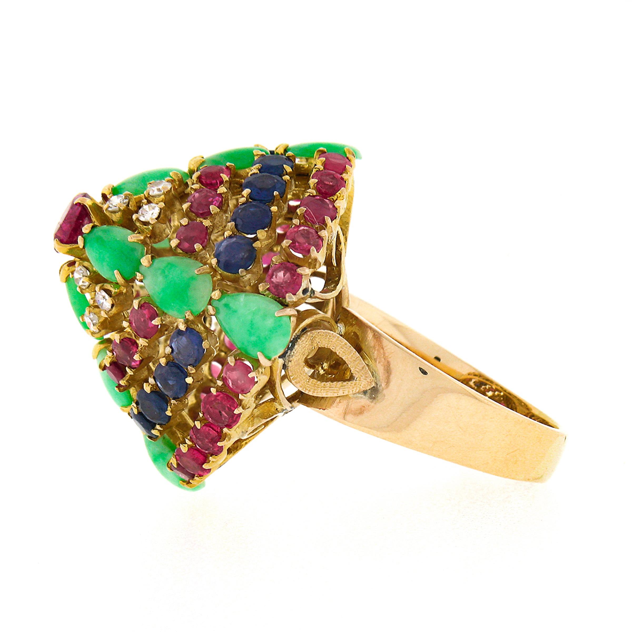 Vintage 14K Gold 4.0ctw Ruby Sapphire Diamond Jade Domed Xmas Tree Pyramid Ring In Good Condition For Sale In Montclair, NJ