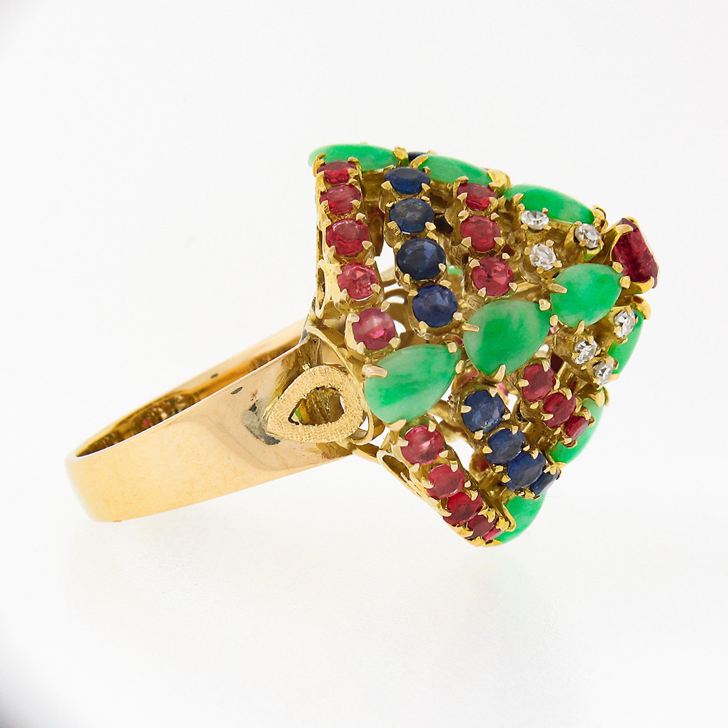 Women's Vintage 14K Gold 4.0ctw Ruby Sapphire Diamond Jade Domed Xmas Tree Pyramid Ring For Sale