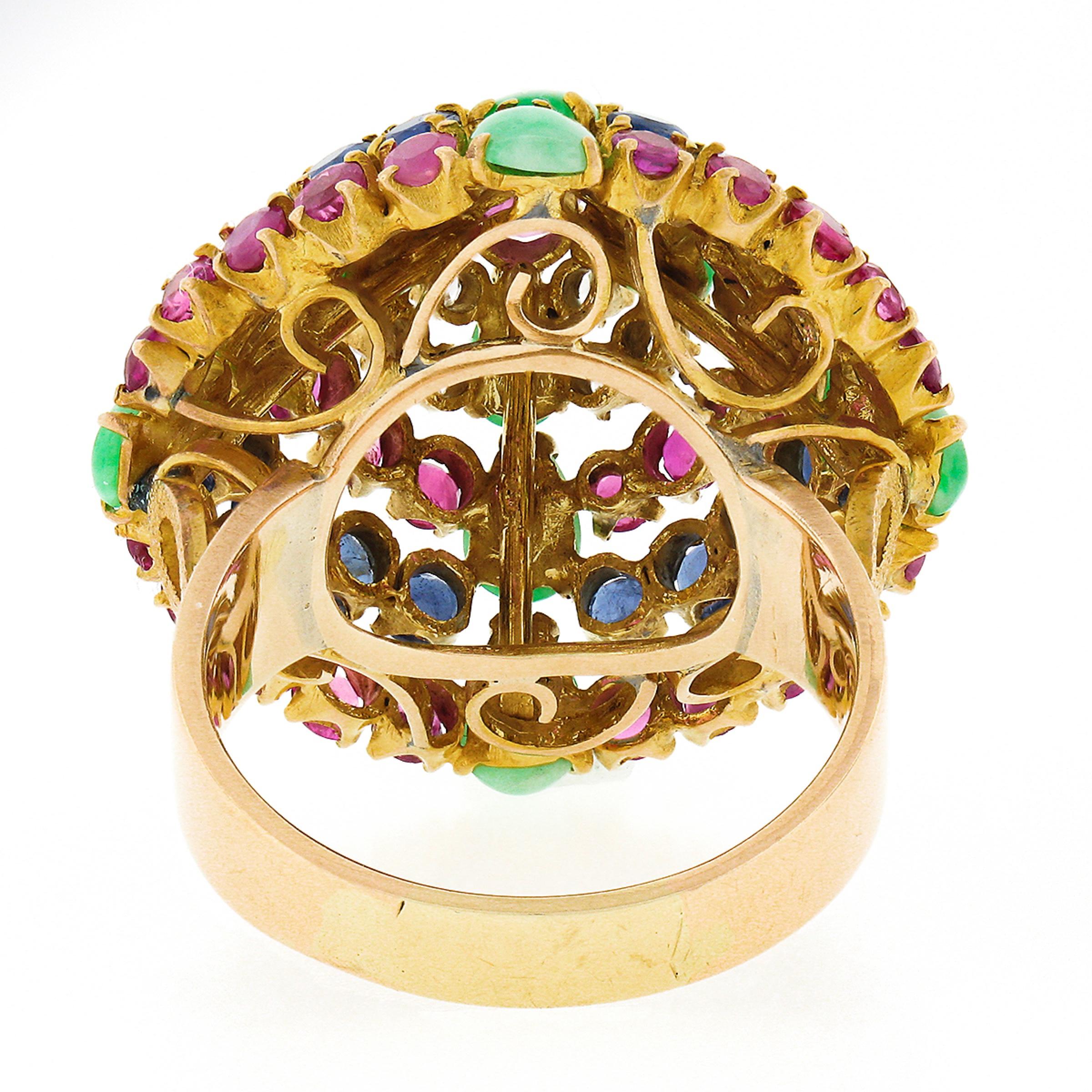 Vintage 14K Gold 4.0ctw Ruby Sapphire Diamond Jade Domed Xmas Tree Pyramid Ring For Sale 1