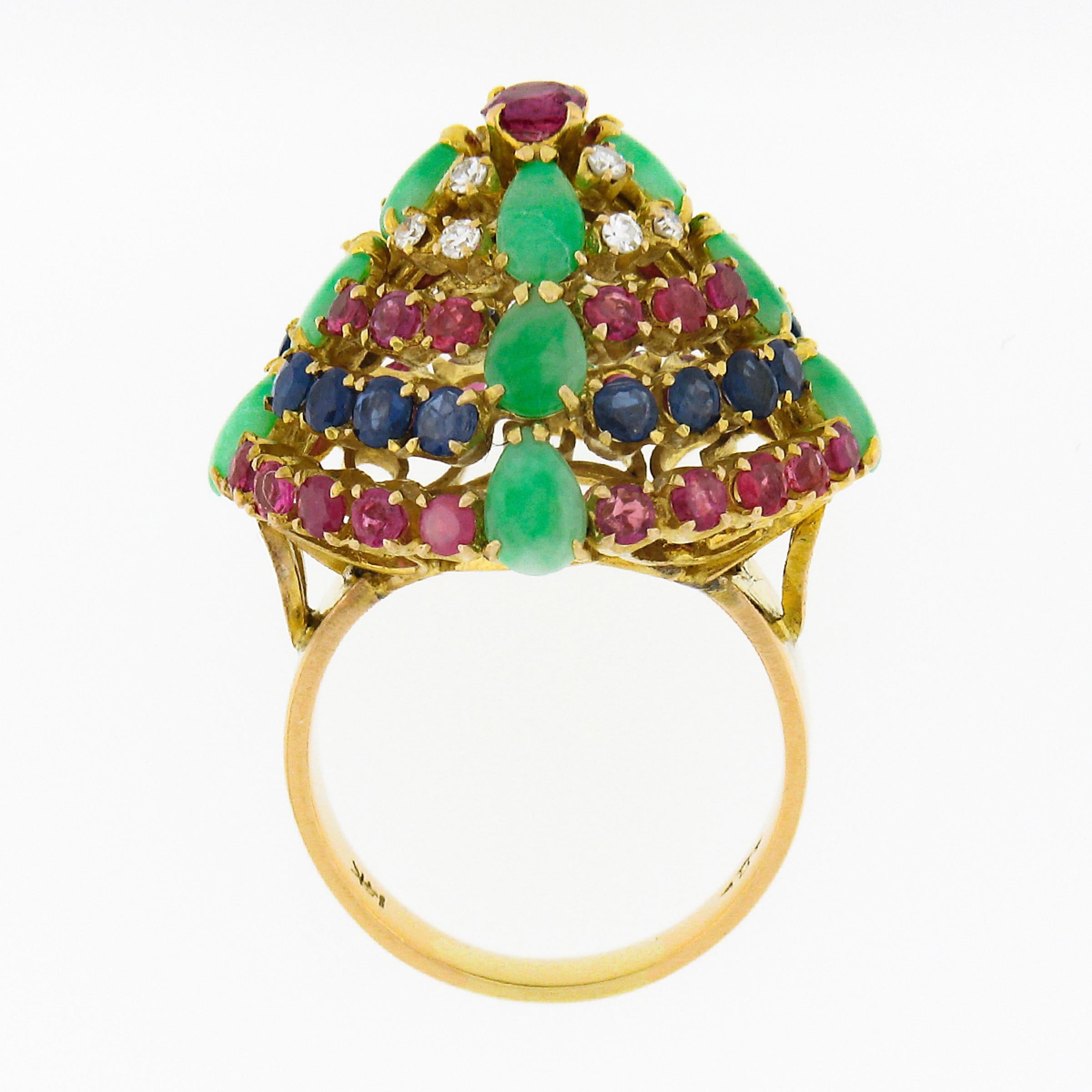 Vintage 14K Gold 4.0ctw Ruby Sapphire Diamond Jade Domed Xmas Tree Pyramid Ring For Sale 2