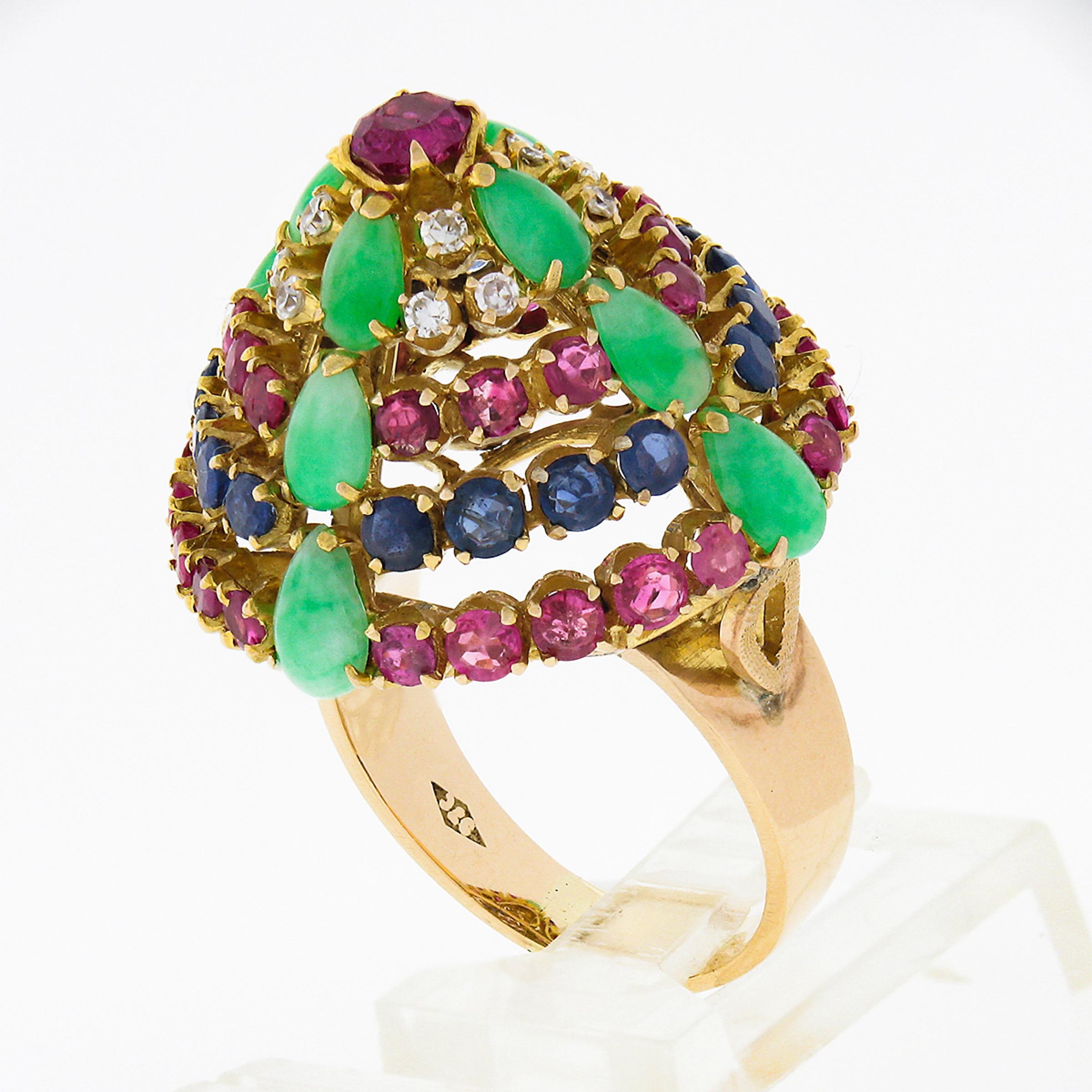 Vintage 14K Gold 4.0ctw Ruby Sapphire Diamond Jade Domed Xmas Tree Pyramid Ring For Sale 3