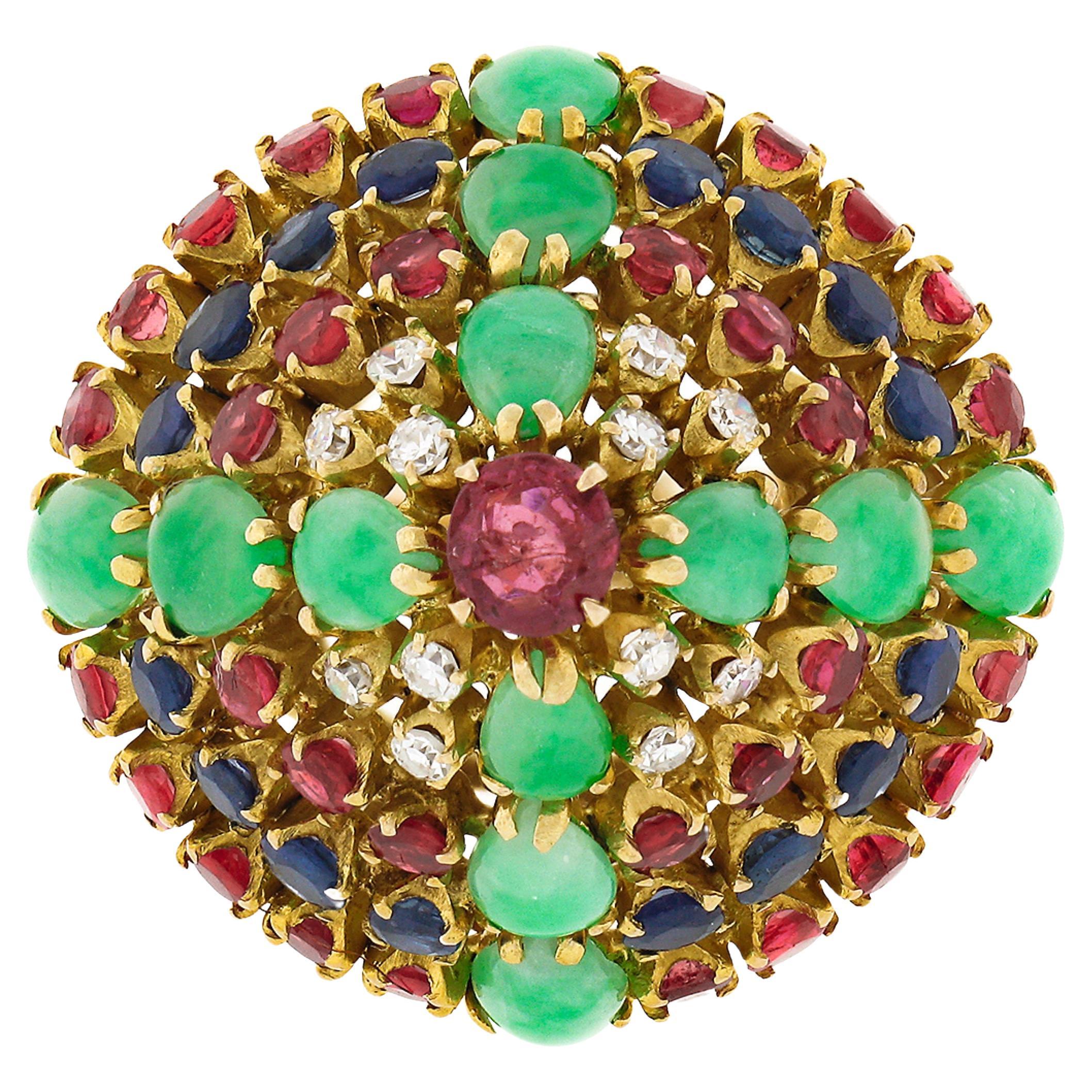 Vintage 14K Gold 4.0ctw Ruby Sapphire Diamond Jade Domed Xmas Tree Pyramid Ring For Sale