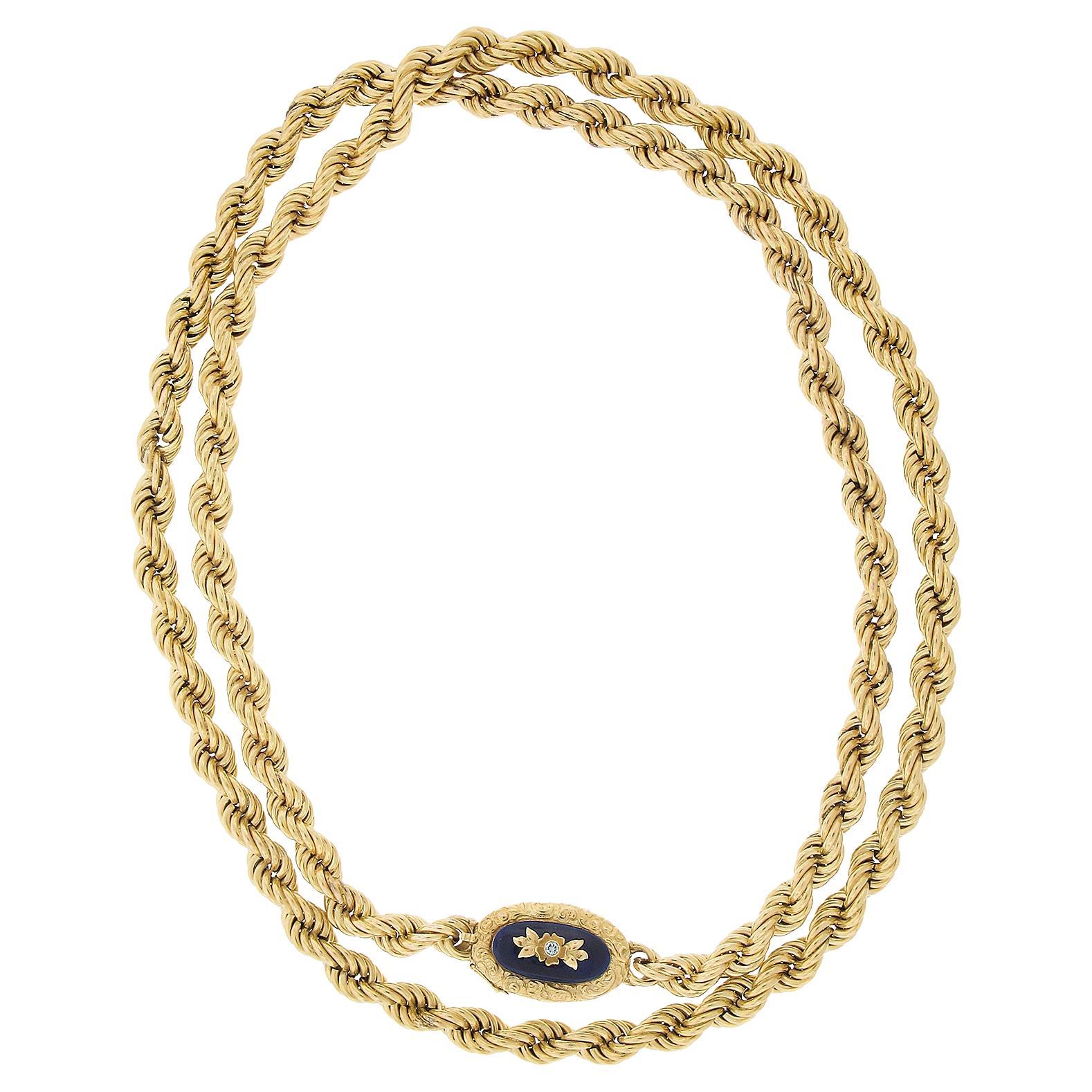 Vintage 14K Gold 48" 10mm Rope Chain Necklace w/ Repousse Enamel Clasp
