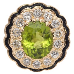 Vintage 14K Gold 4.80 Ct. Peridot and Diamond Halo Enamel Cocktail Ring