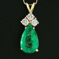 Vintage 14k Gold 5.10ct GIA Pear Emerald & Diamond Tear Drop Pendant Necklace