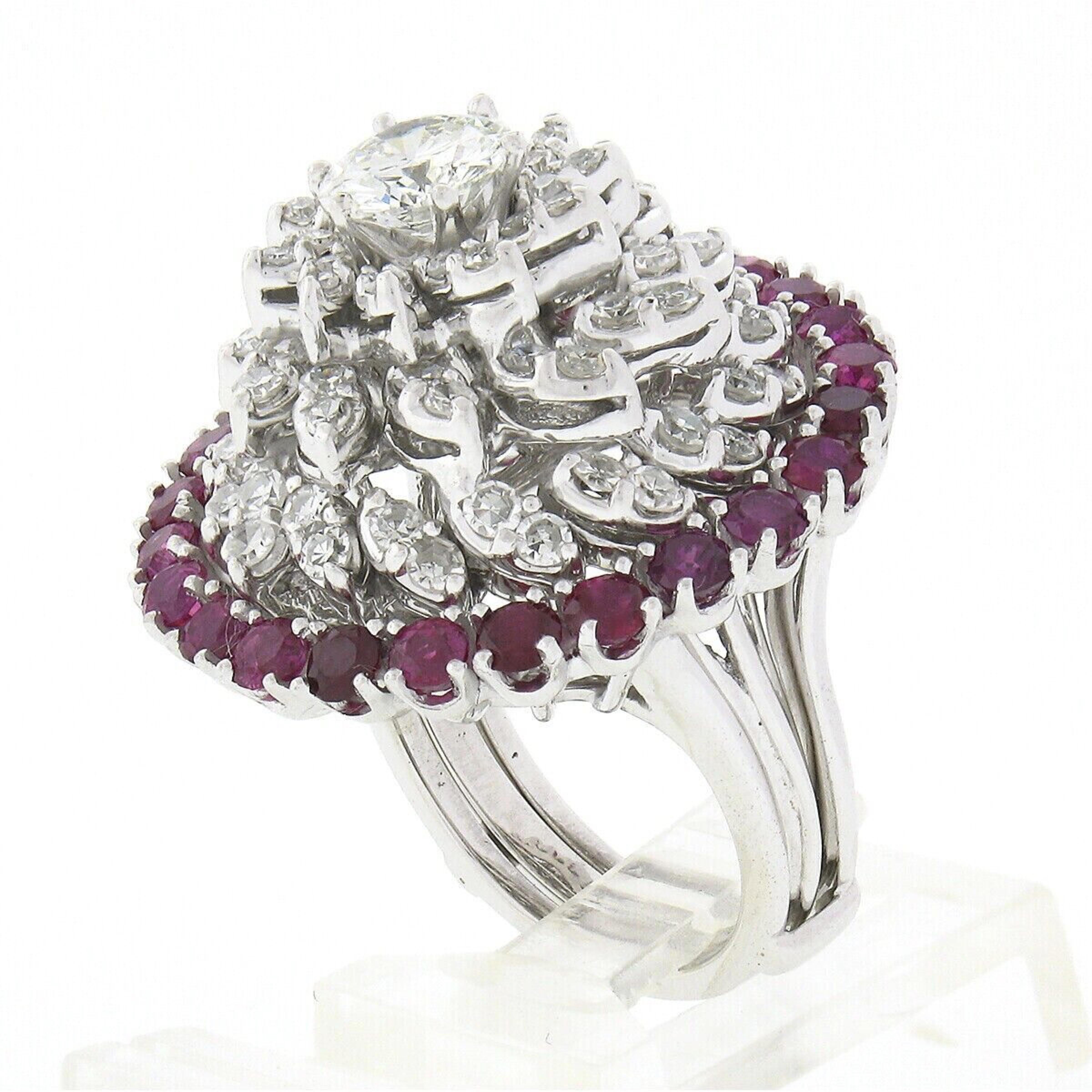 Vintage 14k Gold 5.41ct GIA Round Diamond Swirl Cocktail w/ Ruby Insert Ring Set 7