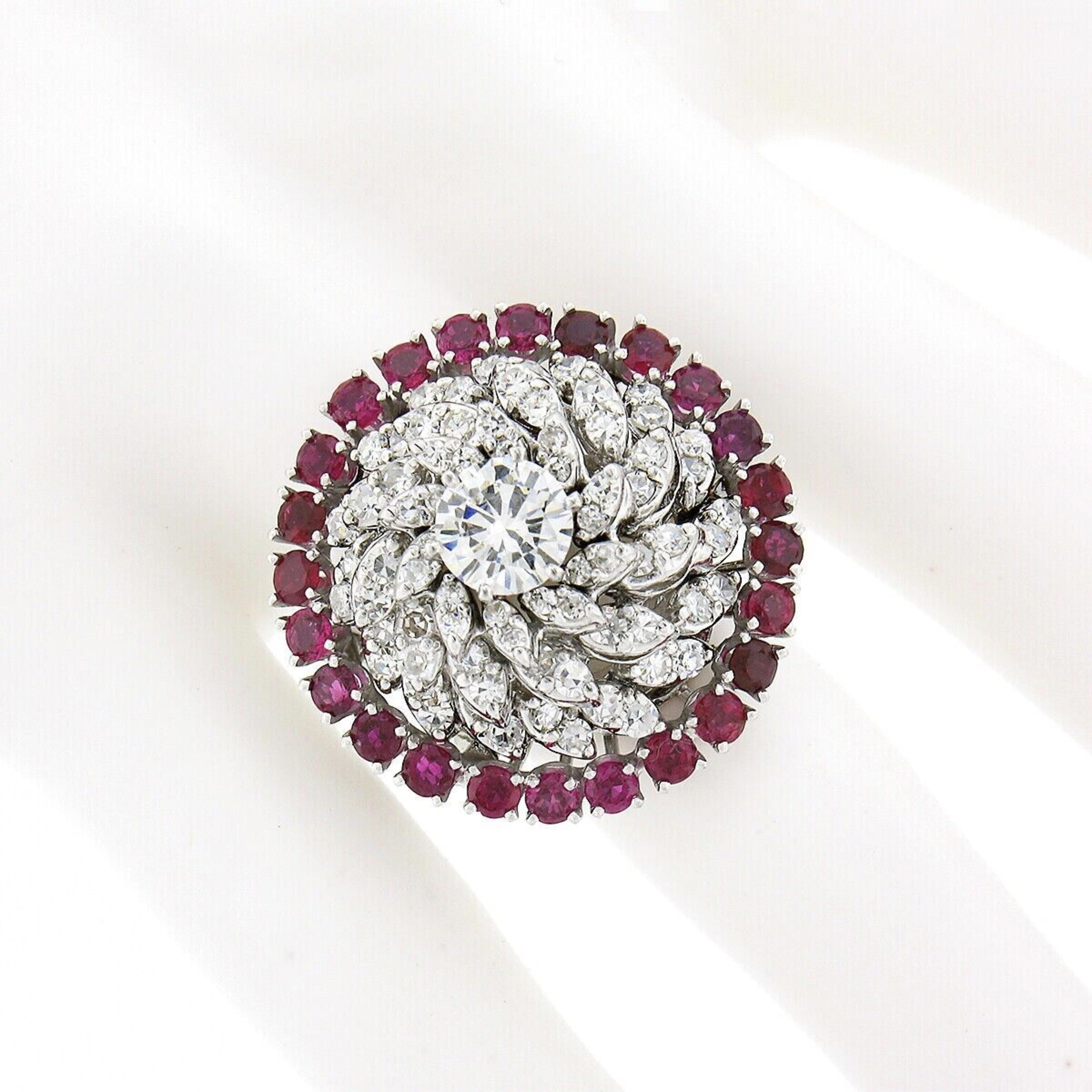 Vintage 14k Gold 5.41ct GIA Round Diamond Swirl Cocktail w/ Ruby Insert Ring Set In Good Condition In Montclair, NJ