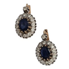 Vintage 14K Gold 5ct Royal Blue Sapphire and Diamond Halo Drop Earrings