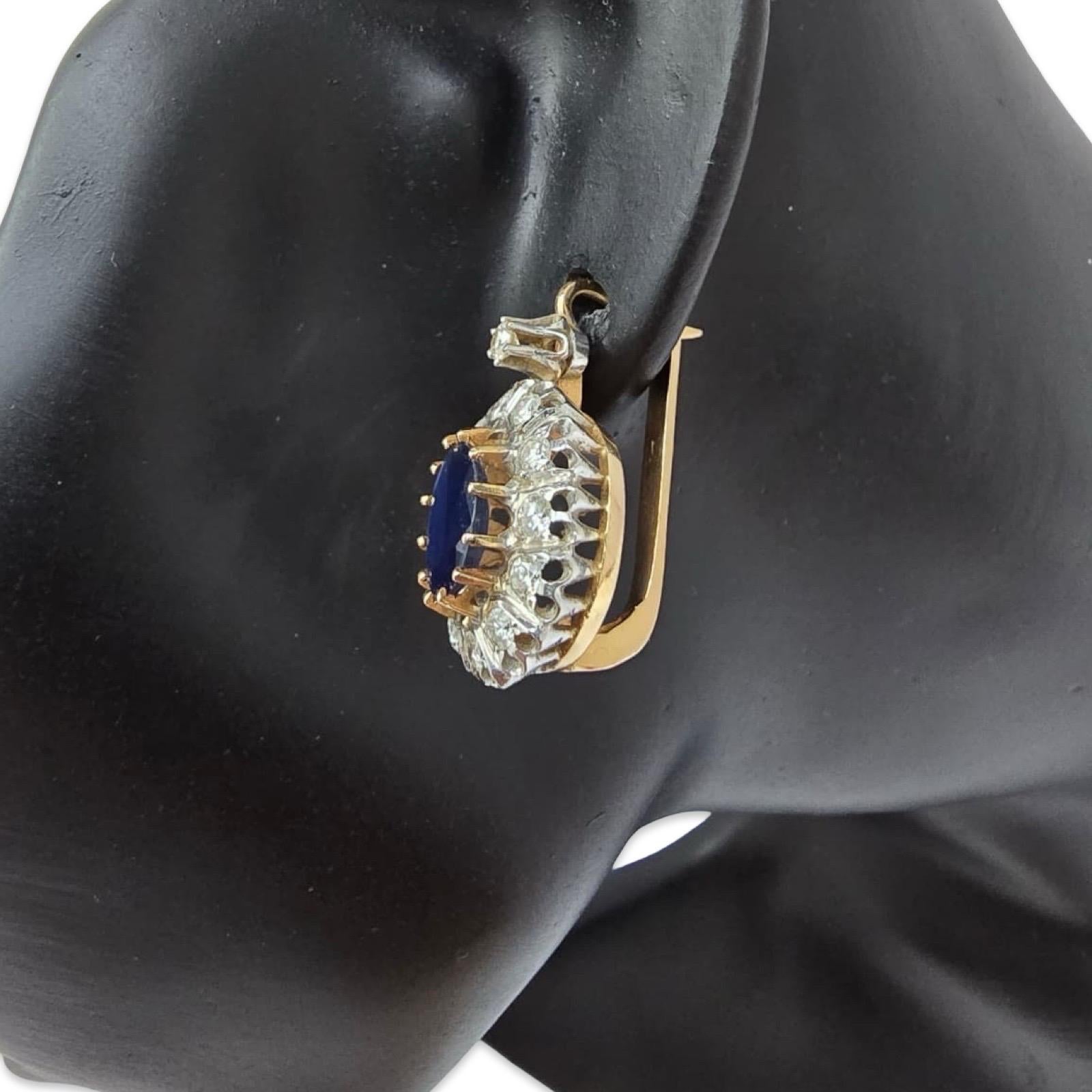 Orecchini a goccia d'epoca in oro 14K con zaffiro blu reale e diamante da 5 carati In condizioni ottime in vendita a Miami, FL