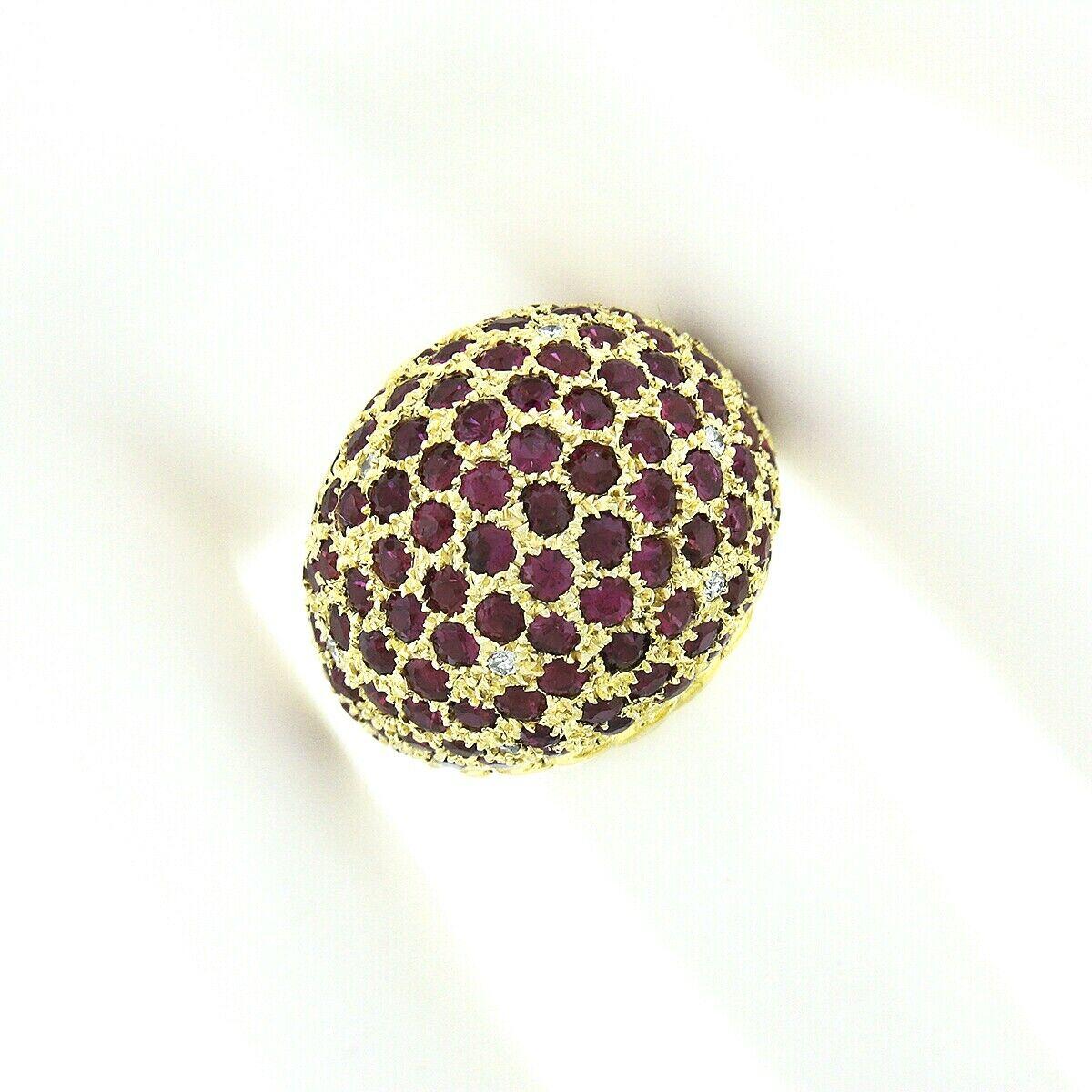 Round Cut Vintage 14k Gold 6.07ctw Cluster Pave Ruby & Diamond Cable Sides Dome Bombe Ring