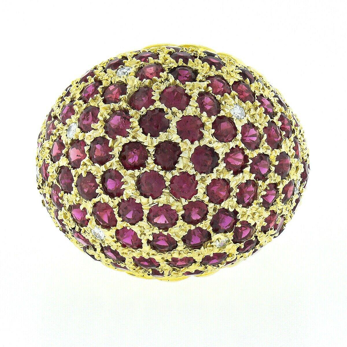 Vintage 14k Gold 6.07ctw Cluster Pave Ruby & Diamond Cable Sides Dome Bombe Ring In Excellent Condition In Montclair, NJ