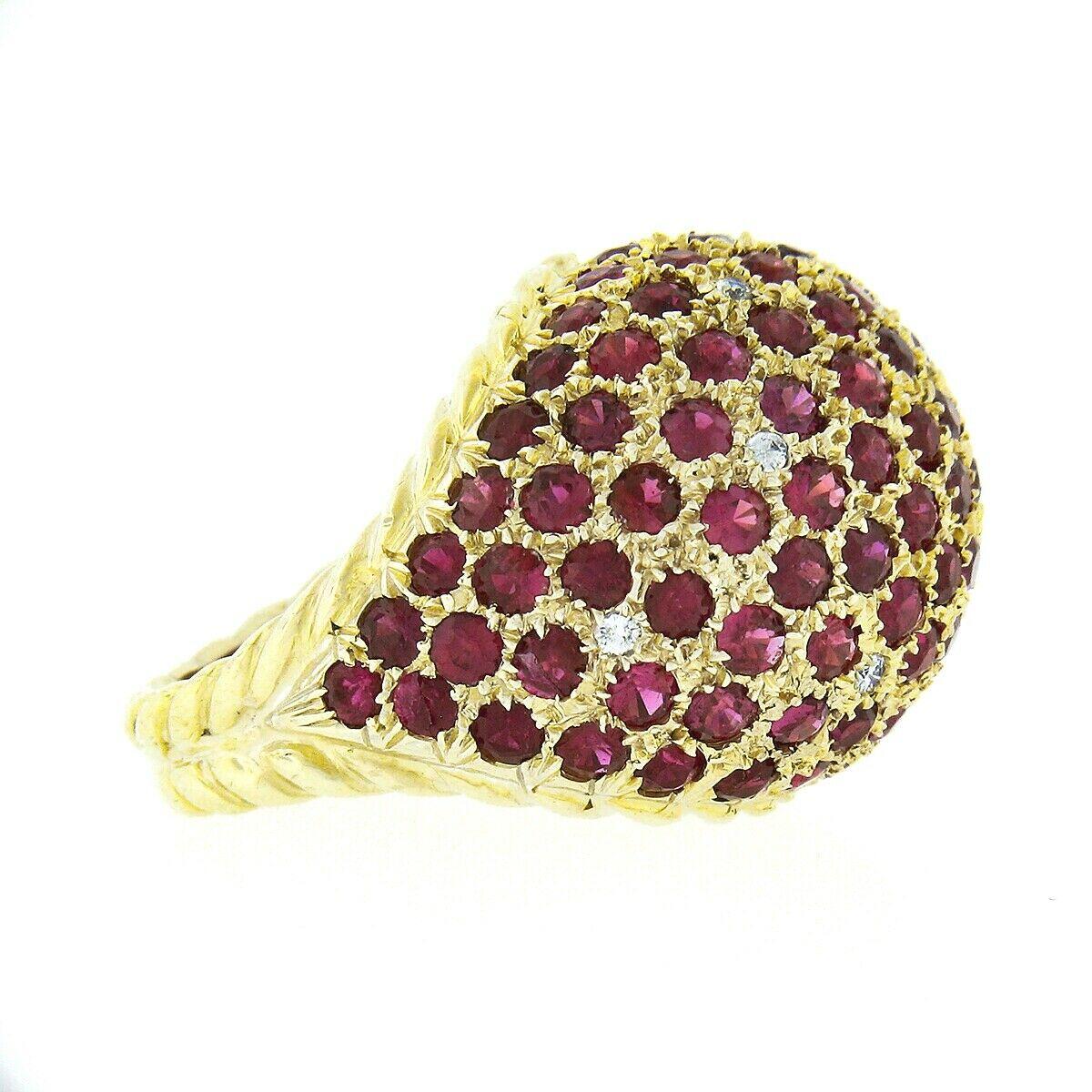 Women's or Men's Vintage 14k Gold 6.07ctw Cluster Pave Ruby & Diamond Cable Sides Dome Bombe Ring