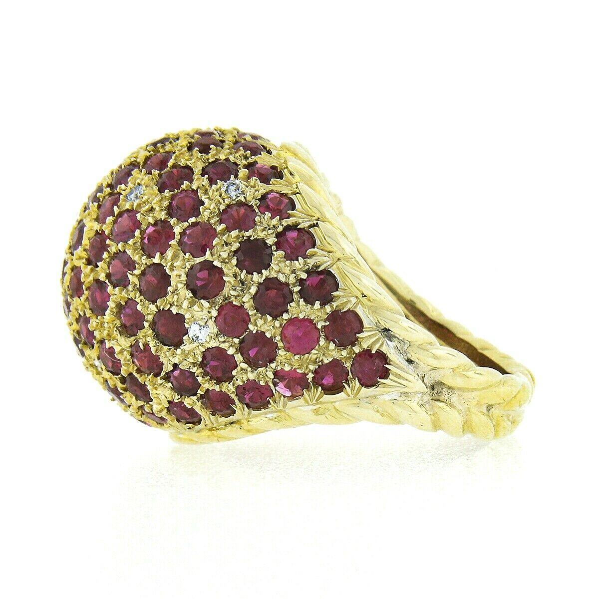 Vintage 14k Gold 6.07ctw Cluster Pave Ruby & Diamond Cable Sides Dome Bombe Ring 1