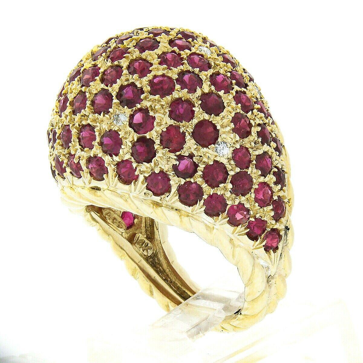 Vintage 14k Gold 6.07ctw Cluster Pave Ruby & Diamond Cable Sides Dome Bombe Ring 4