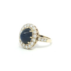 Vintage 14k Gold 6.71ctw GIA No Heat Sugarloaf Cabochon Sapphire Diamond Ring