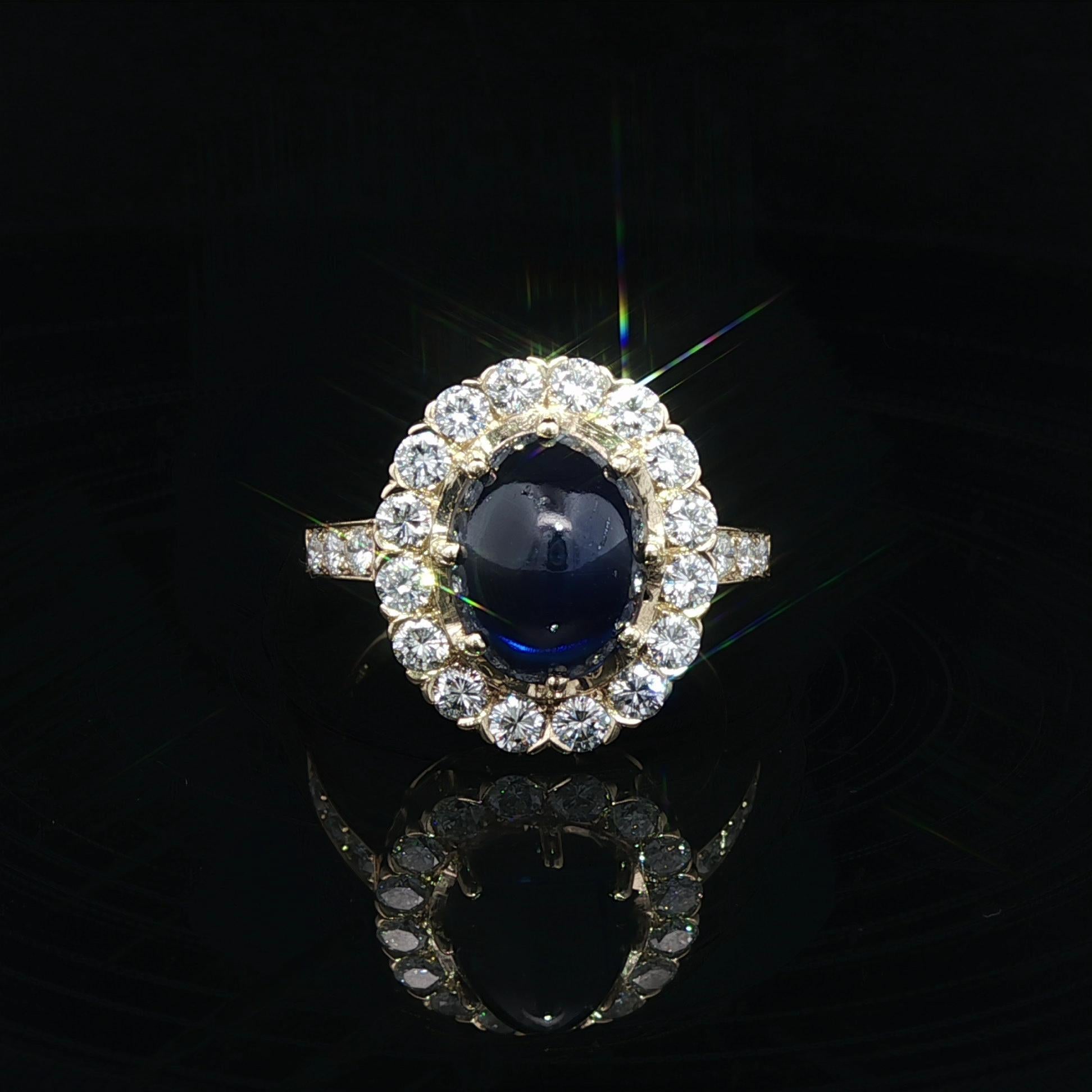 Vintage 14k Gold 6,71ctw GIA keine Hitze Sugarloaf Cabochon Saphir Diamant Ring im Angebot 1