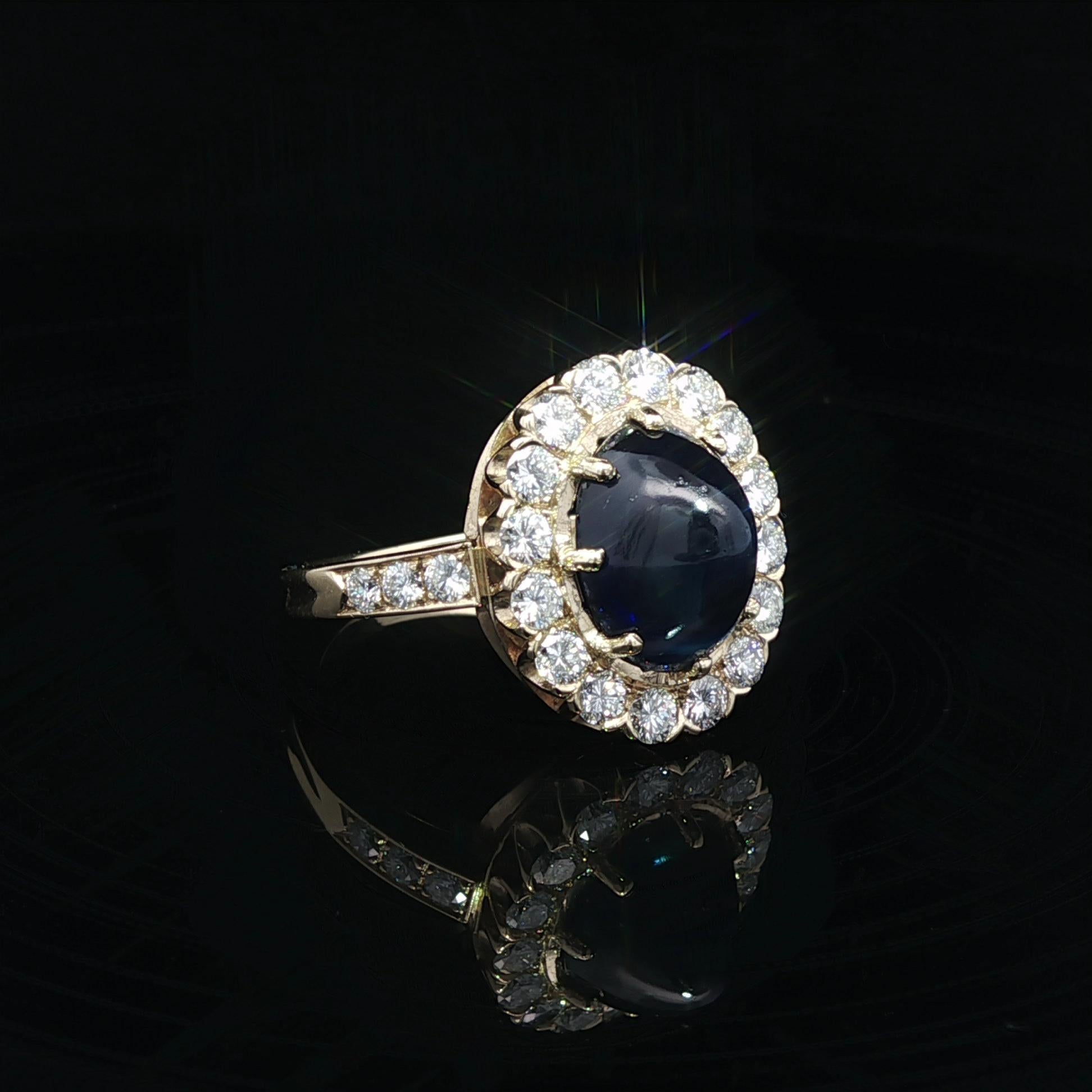 Vintage 14k Gold 6,71ctw GIA keine Hitze Sugarloaf Cabochon Saphir Diamant Ring im Angebot 3