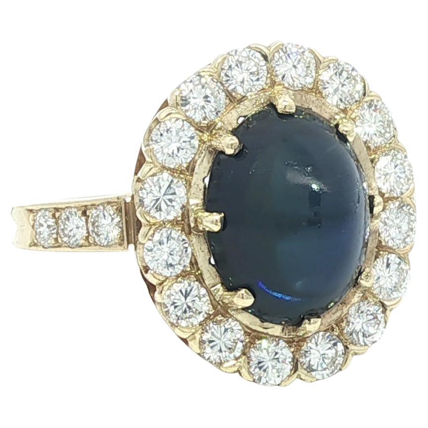Vintage By in oro 14k 6,71ctw GIA No Heat Sugarloaf Cabochon Sapphire Diamond Ring