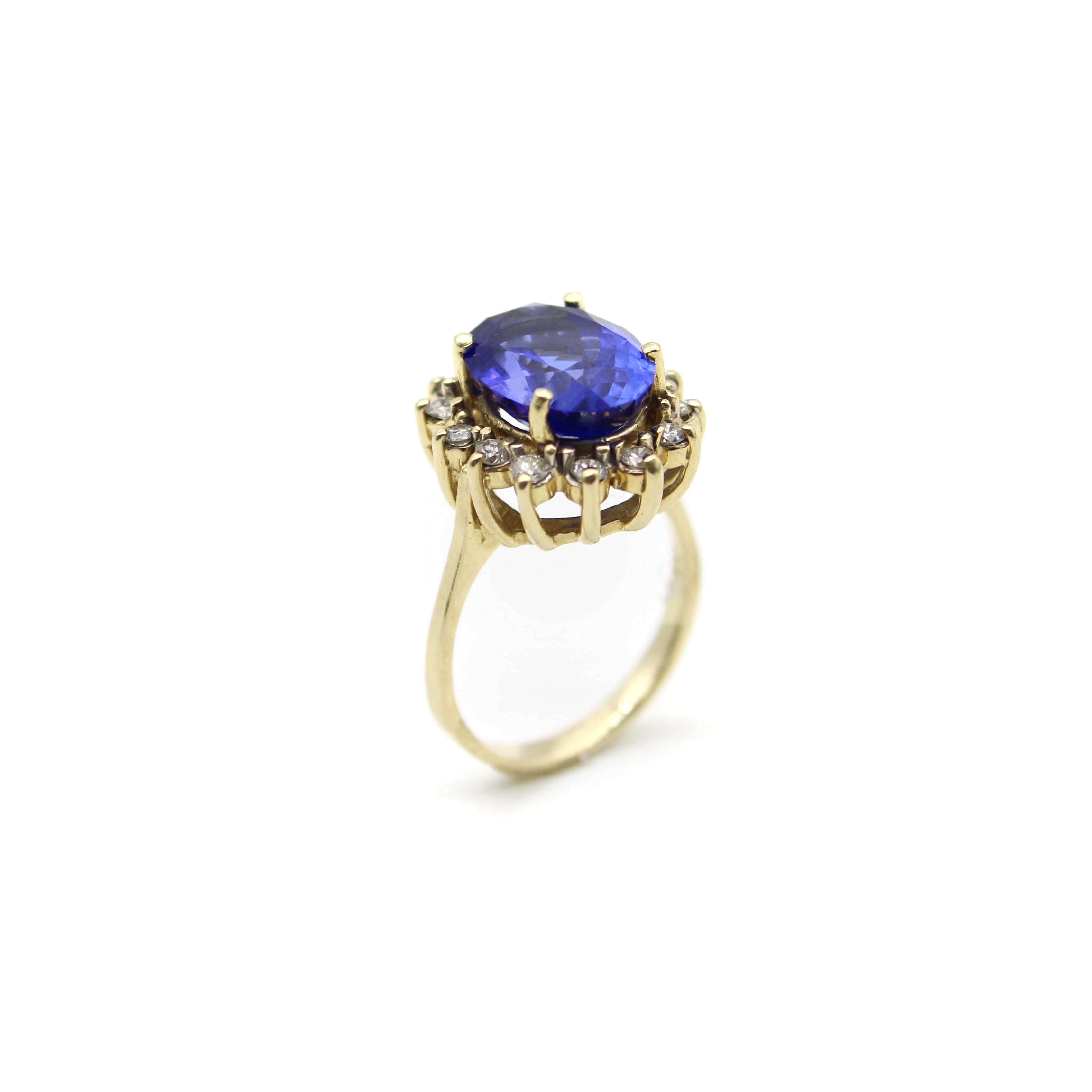 Oval Cut Vintage 14K Gold 7 Carat Tanzanite and Diamond Halo Ring by LeVian For Sale