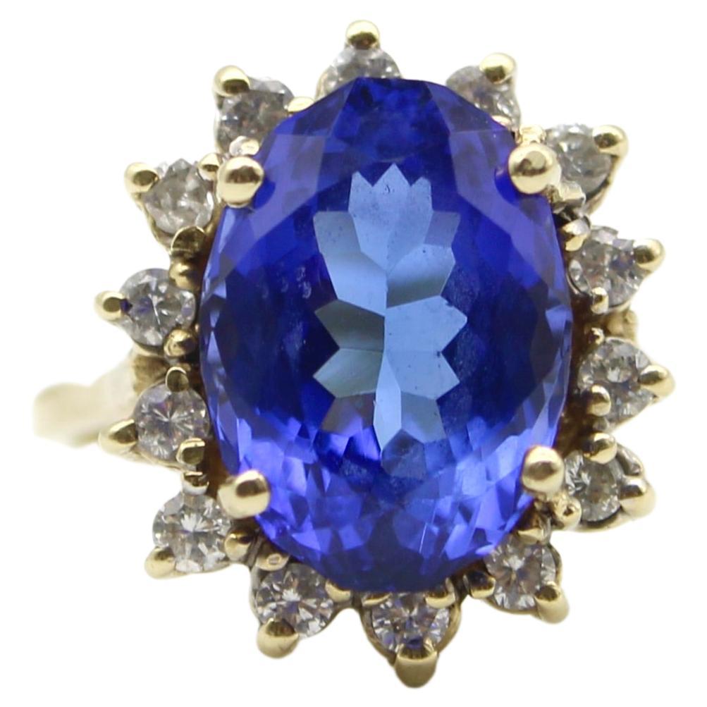 Vintage 14K Gold 7 Carat Tanzanite and Diamond Halo Ring by LeVian For Sale