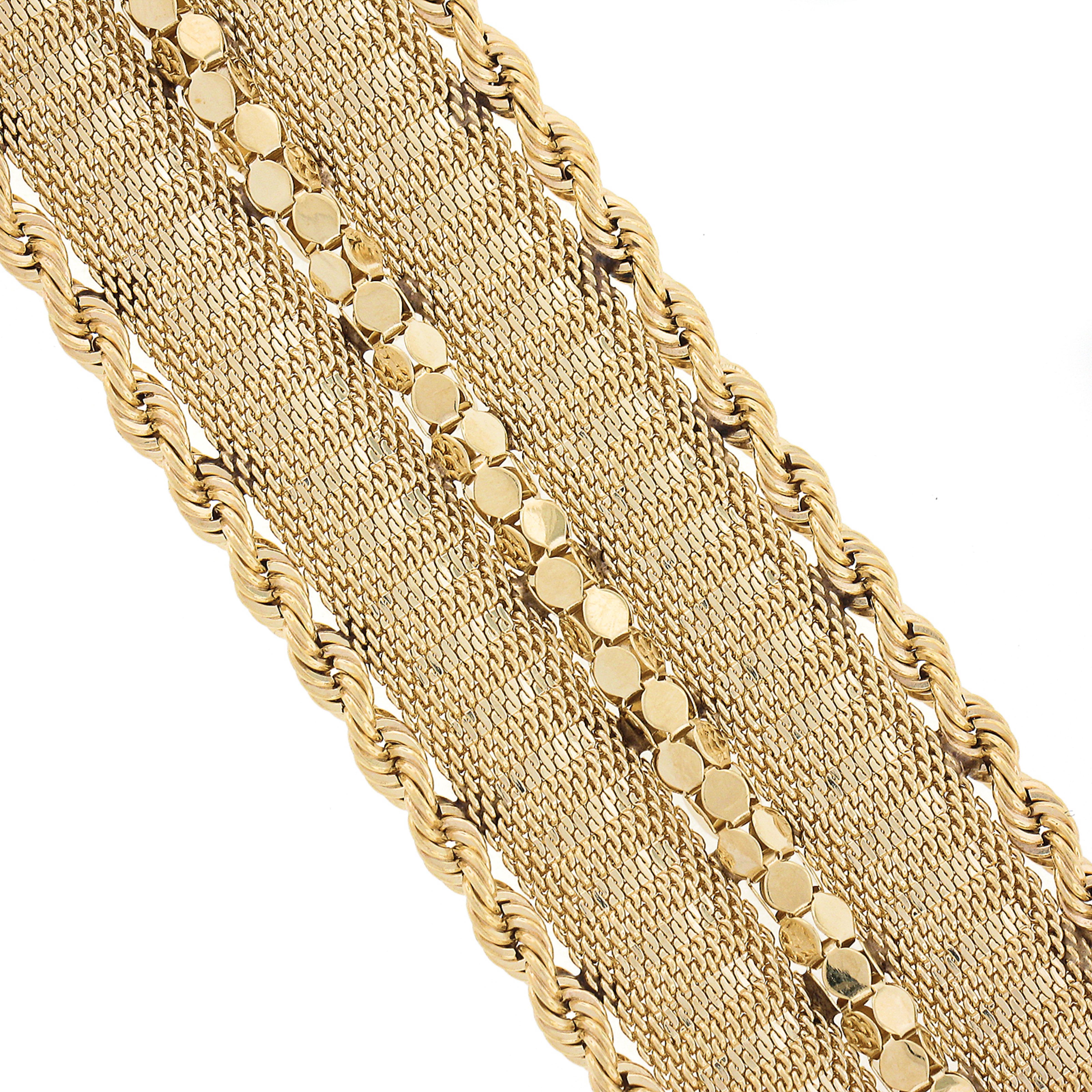 Vintage 14k Gold Mesh with Popcorn Link and Rope Chain Sides Wide Strap Bracelet In Excellent Condition For Sale In Montclair, NJ