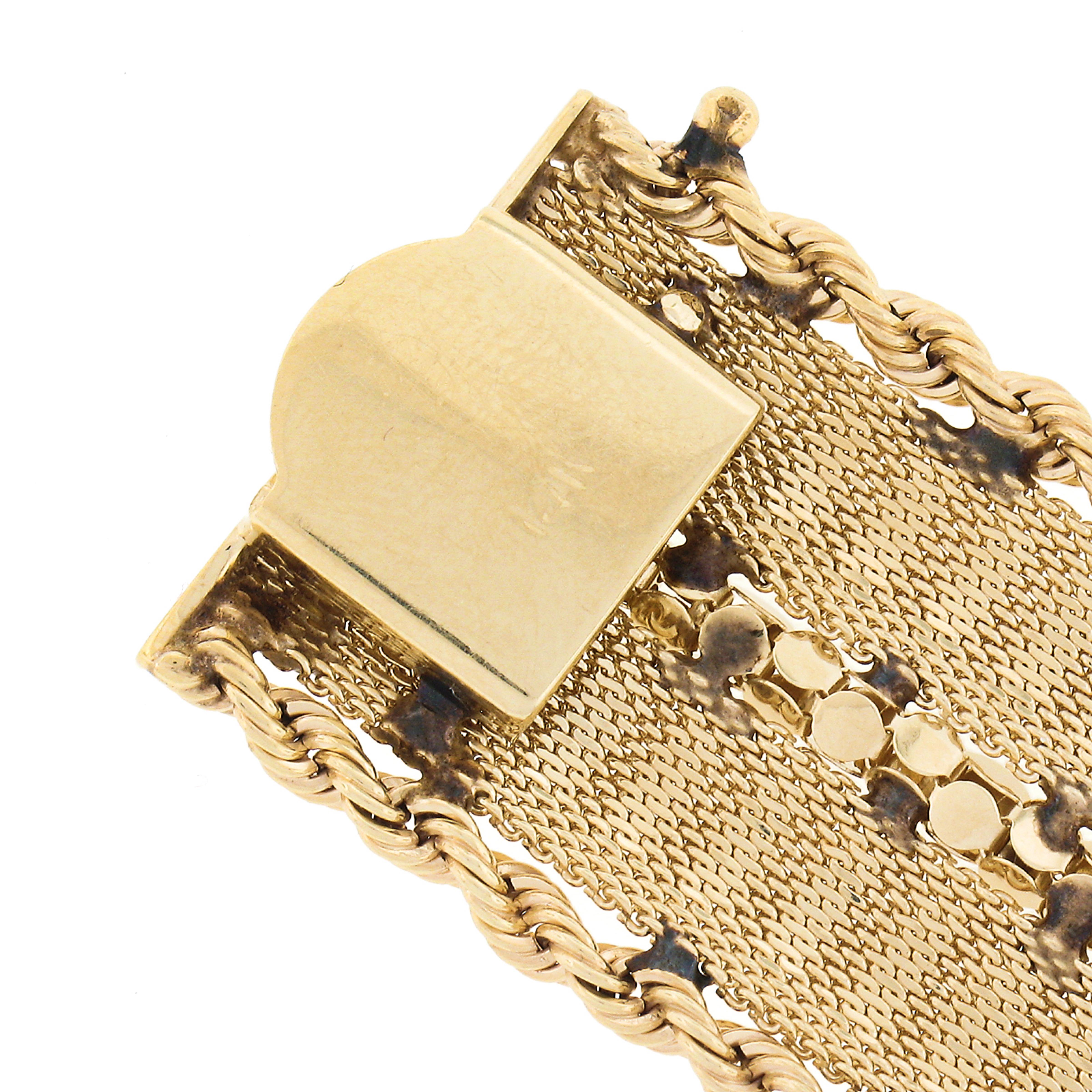 Vintage 14k Gold Mesh with Popcorn Link and Rope Chain Sides Wide Strap Bracelet For Sale 1