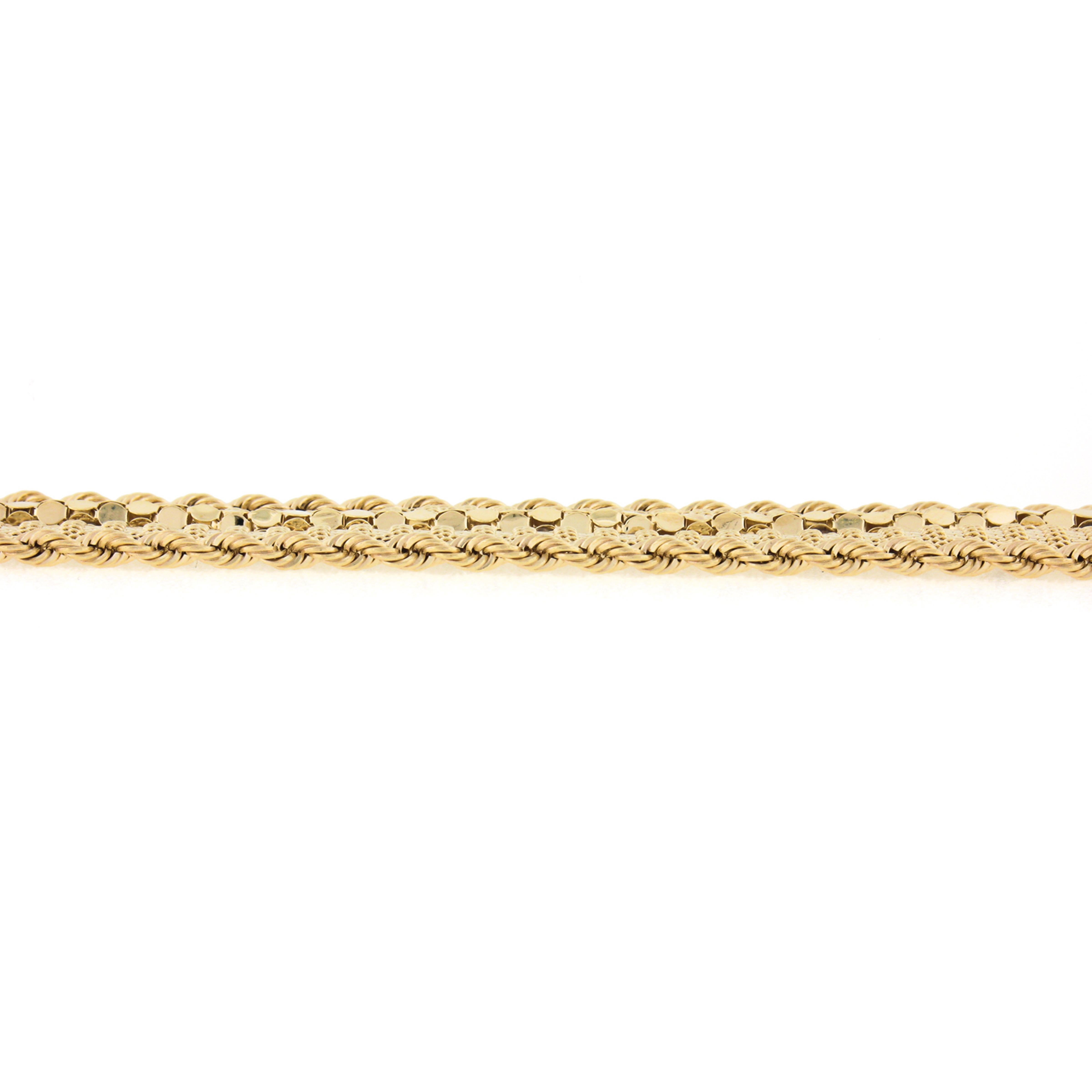 Vintage 14k Gold Mesh with Popcorn Link and Rope Chain Sides Wide Strap Bracelet For Sale 2