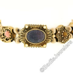 Vintage 14K Gold 7.25" Amethyst Carved Multi Gemstone Shape Slide Charm Bracelet