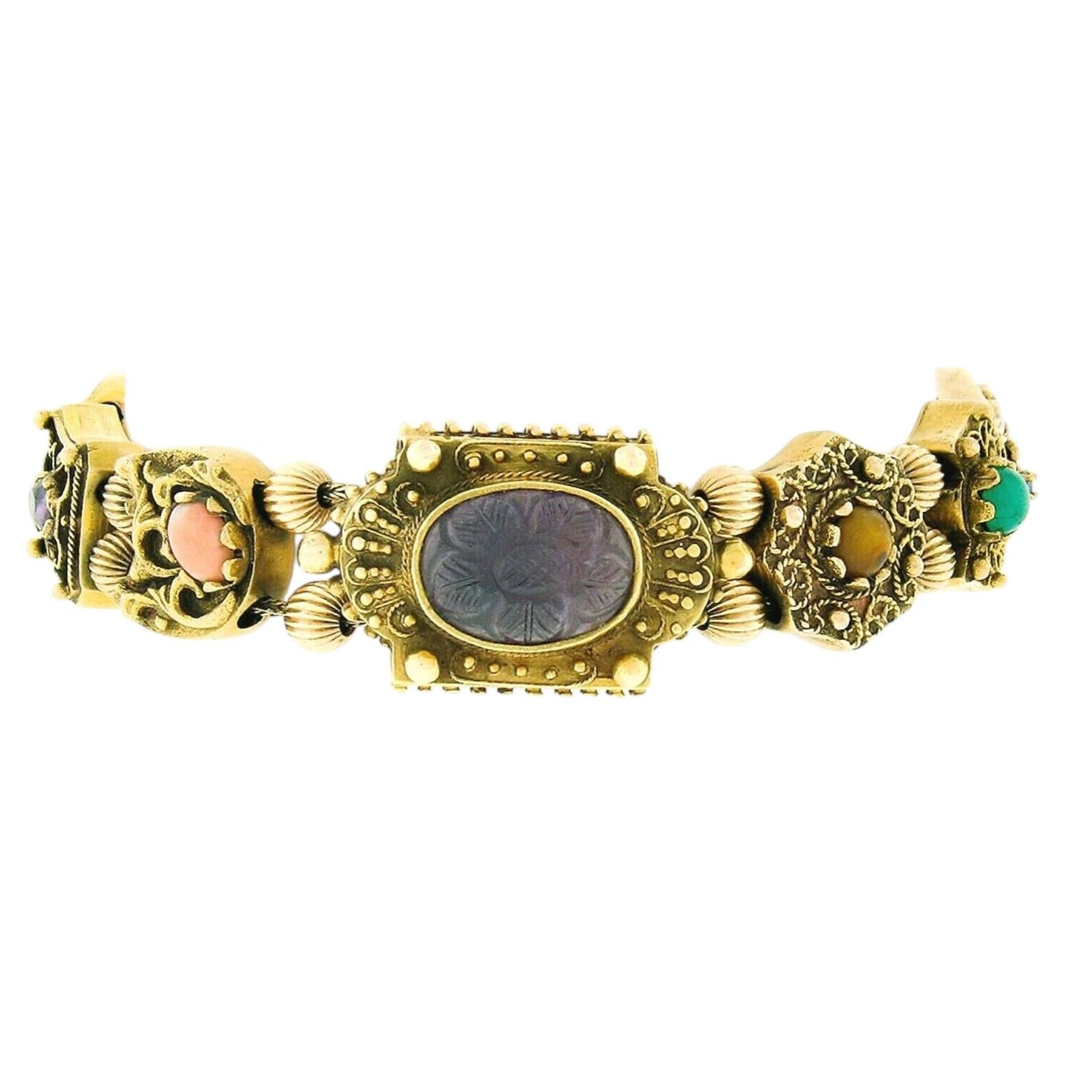 Vintage 14K Gold 7,25" geschnitzt Amethyst Multi Edelstein Form Slide Charme-Armband