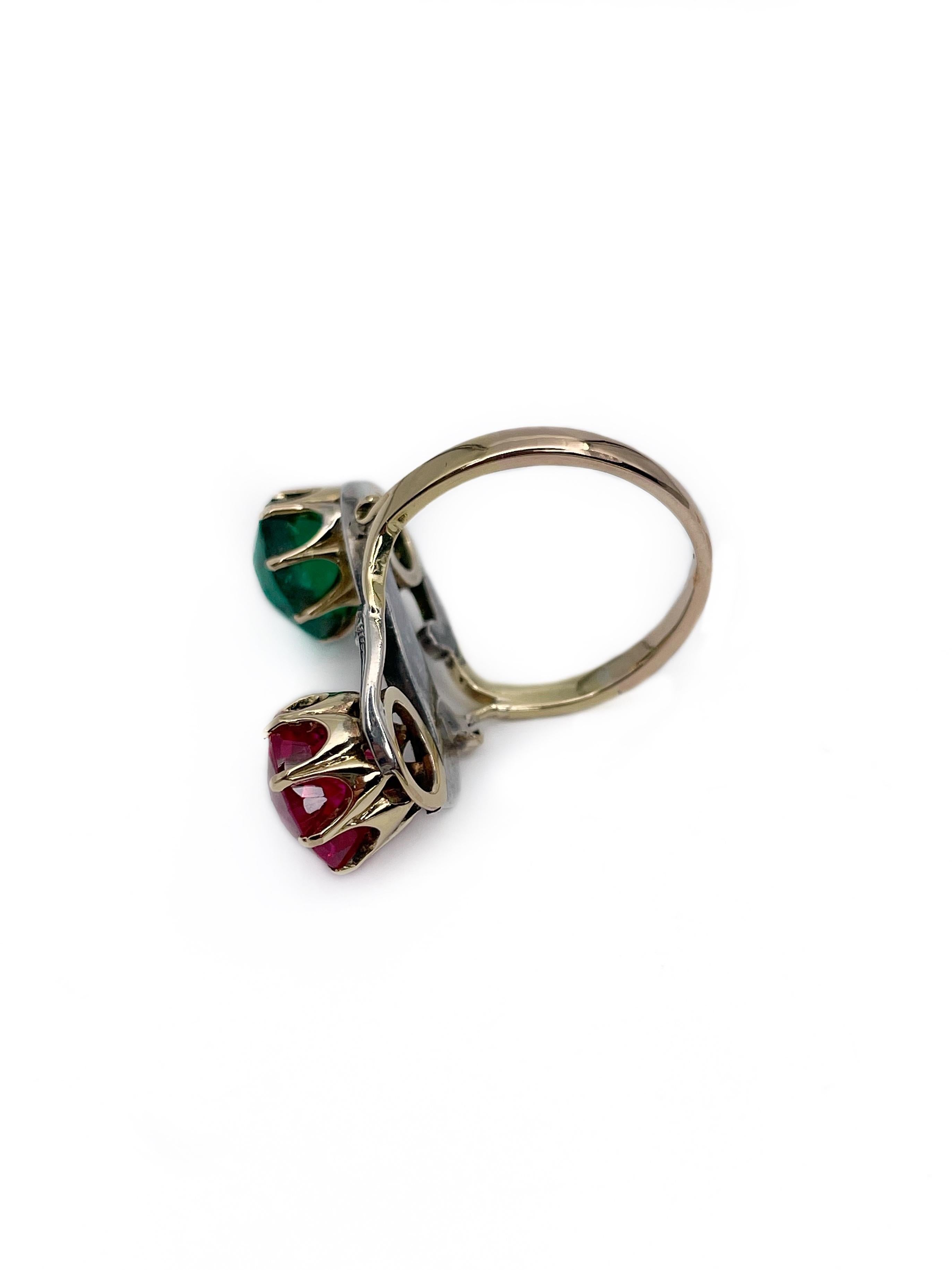 Vintage 14 Karat Gold 830 Silver Synthetic Ruby Emerald S-Shaped Ring In Good Condition In Vilnius, LT